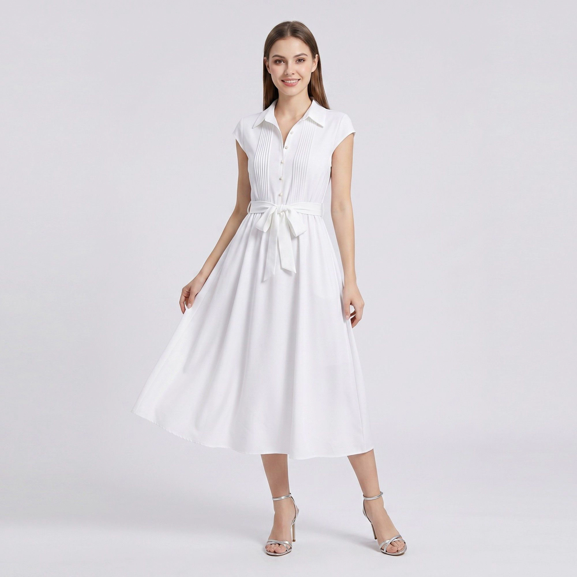 Anna-Kaci Women's Collared Button Front Cap Sleeve Midi Pintuck Bodice Tie Waist Shirt Dress