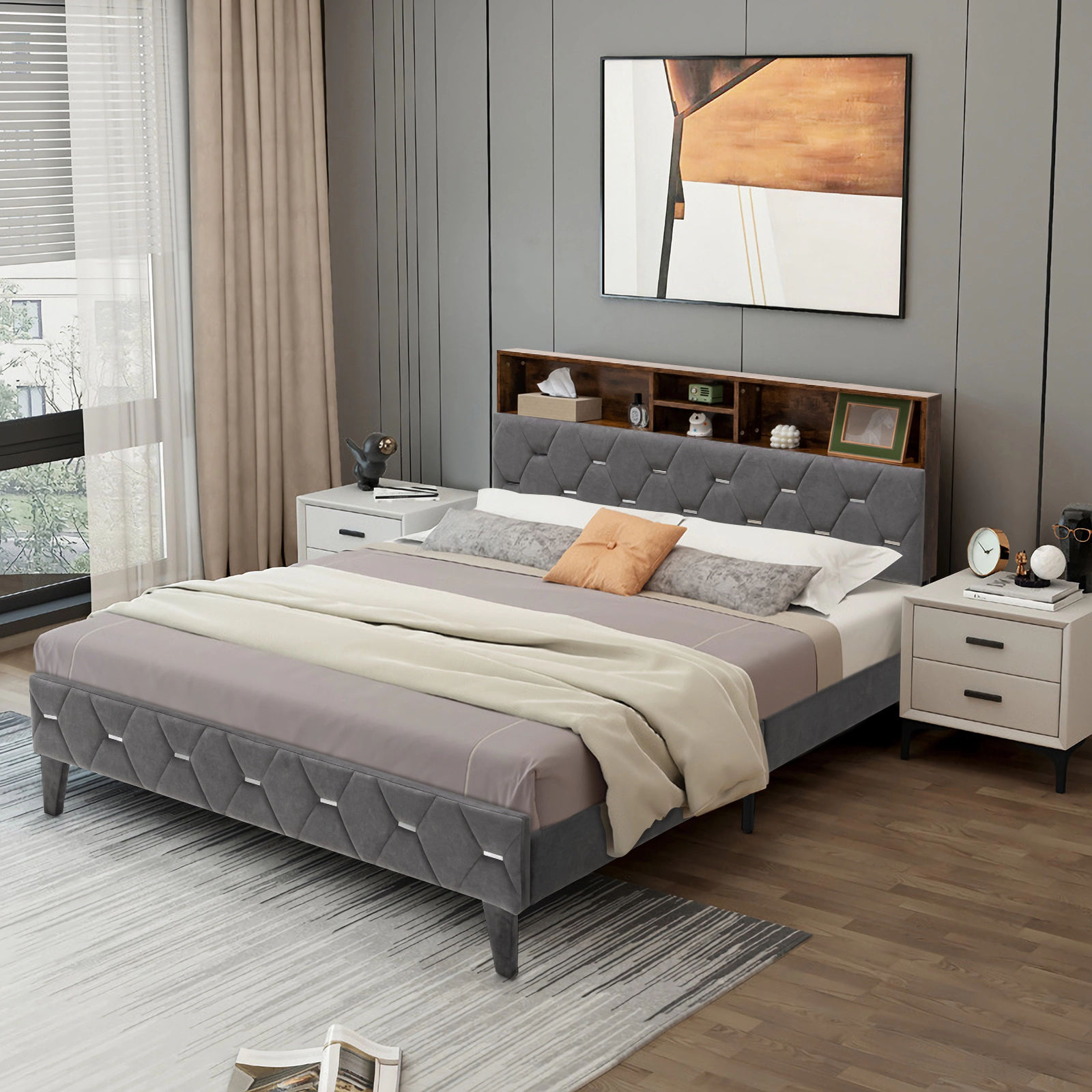 SUGIFT Queen Size Rustic Brown Upholstered Bed Frame with Flip-Up Storage Headboard 62-in W 1000-lb Frame