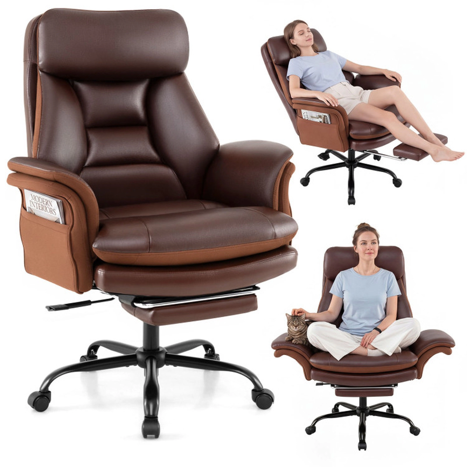 SUGIFT Big and Tall Faux Leather Office Chair with Retractable Footrest 500-lb Chair Capacity Brown