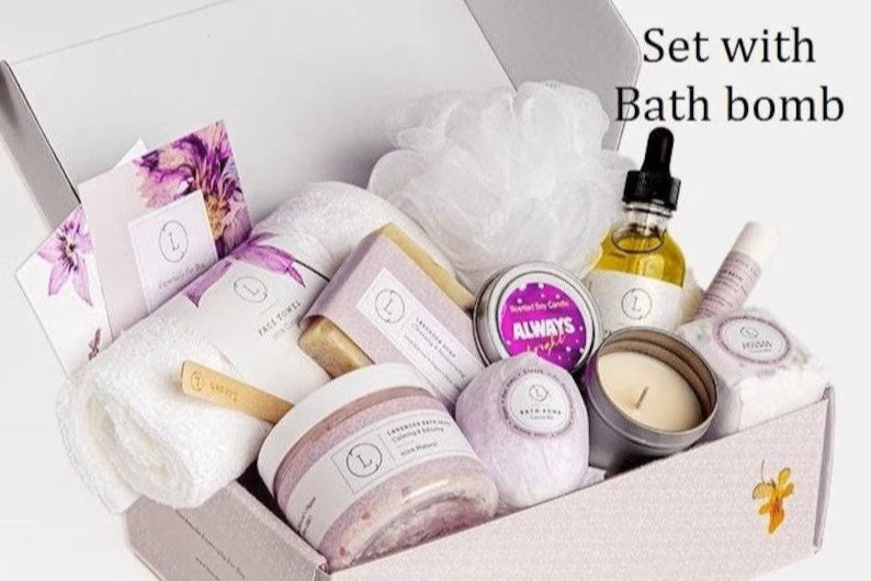 Lizush All Natural Lavender Spa Gift Box - Bath Bomb, Shower Steamer, Soap Bar & Candle