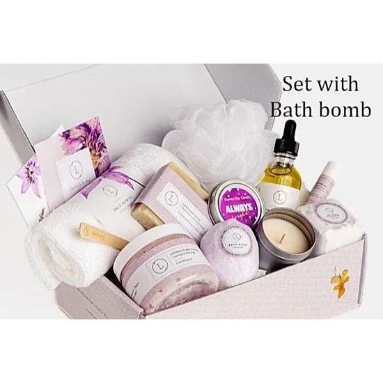 Lizush All Natural Lavender Spa Gift Box - Bath Bomb, Shower Steamer, Soap Bar & Candle