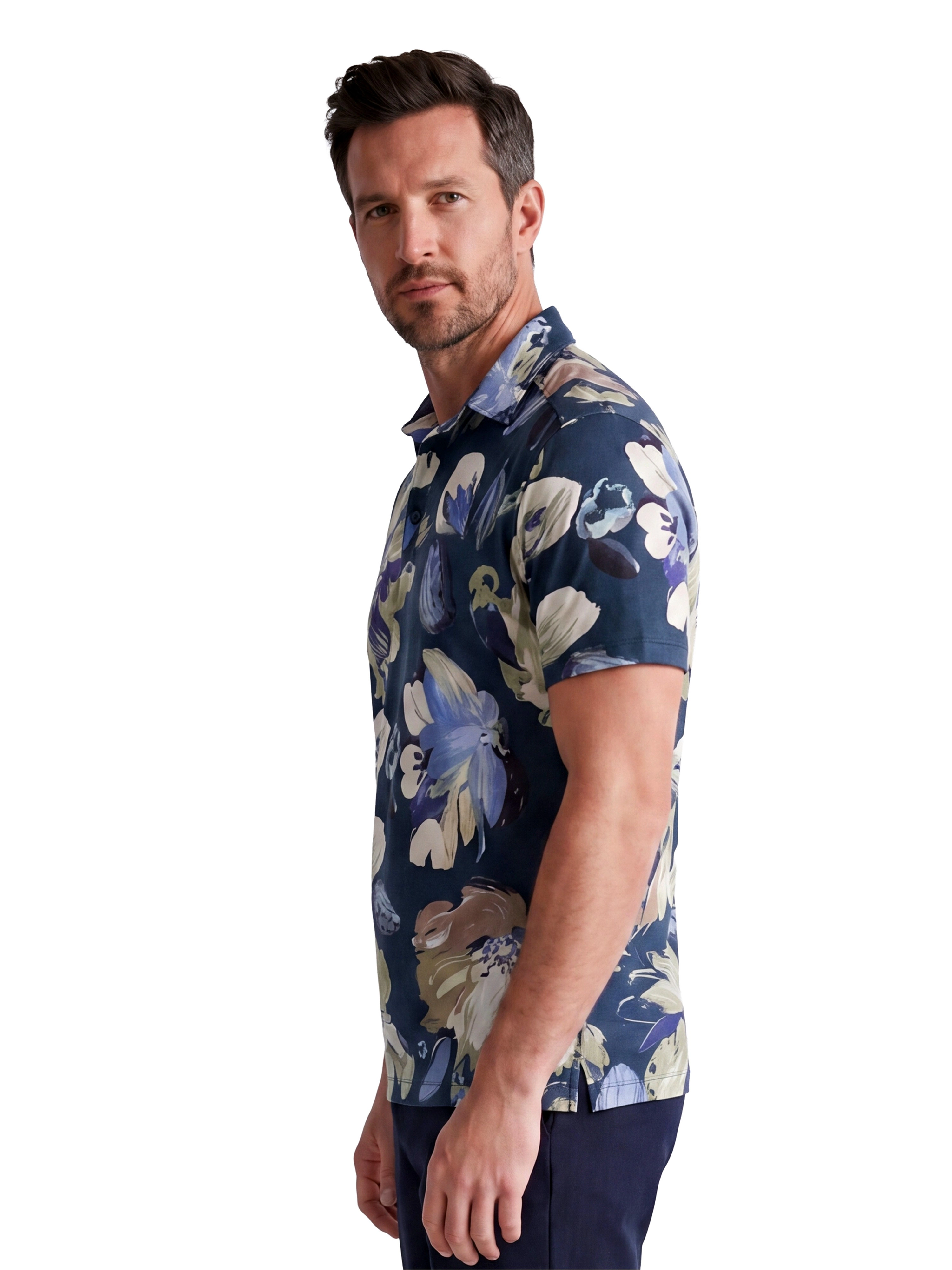 24sevenMen Wrinkle Resistant 3 Button Machine Washable Blue Floral Polo Shirt
