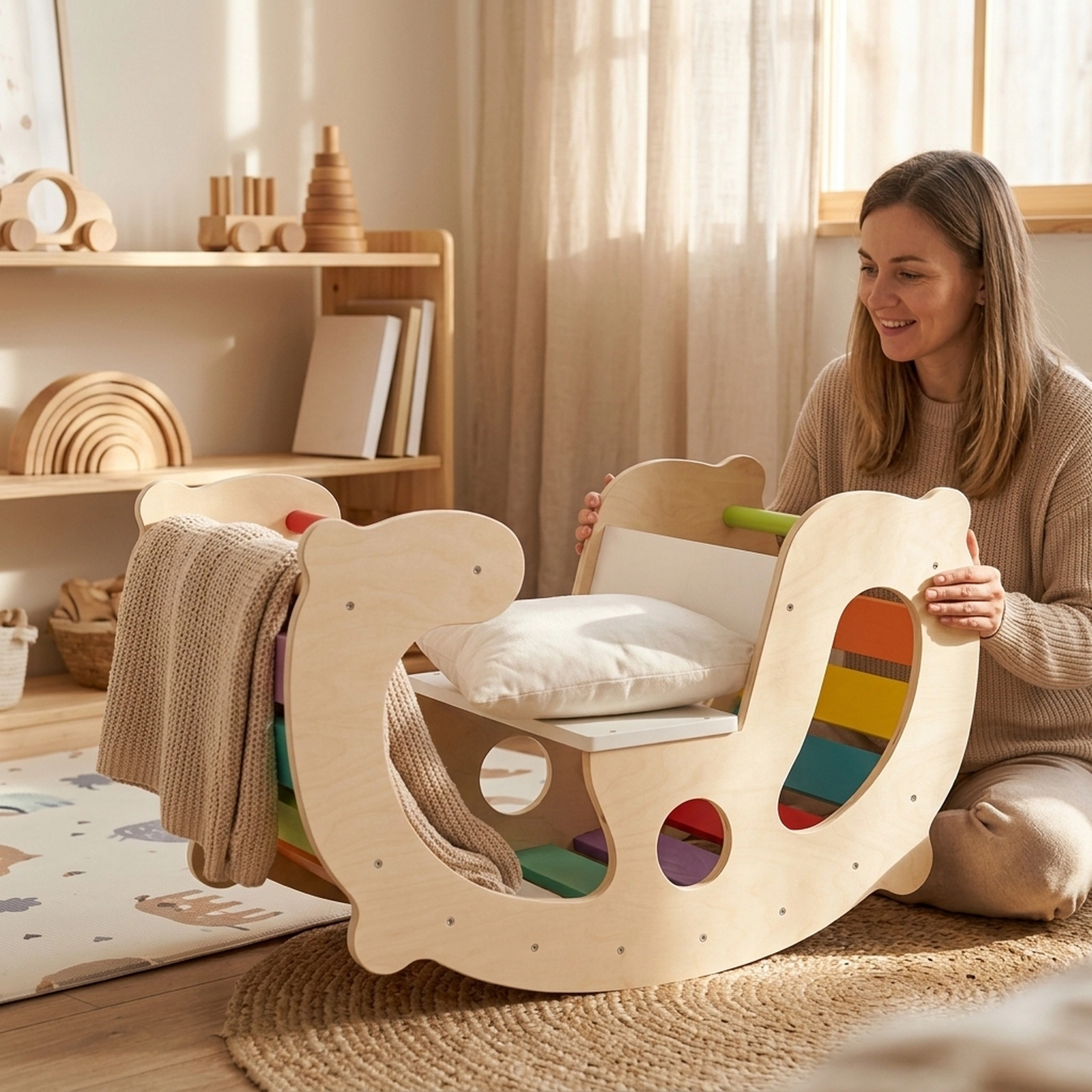 2-in-1 Kids Rocking Horse Arch Climber Wooden Montessori Rocker Angle Limiters 16.5-in Seat 110-lb Capacity Ages 1+