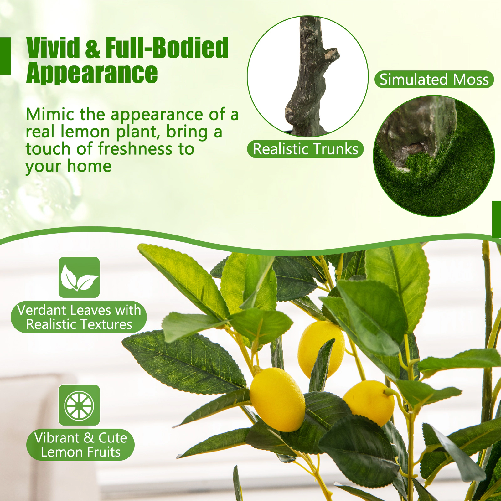 SUGIFT Artificial Tree 32-in Tall Fake Lemon Plant with Fruits in Cement-Filled Pot Green+Yellow+Black