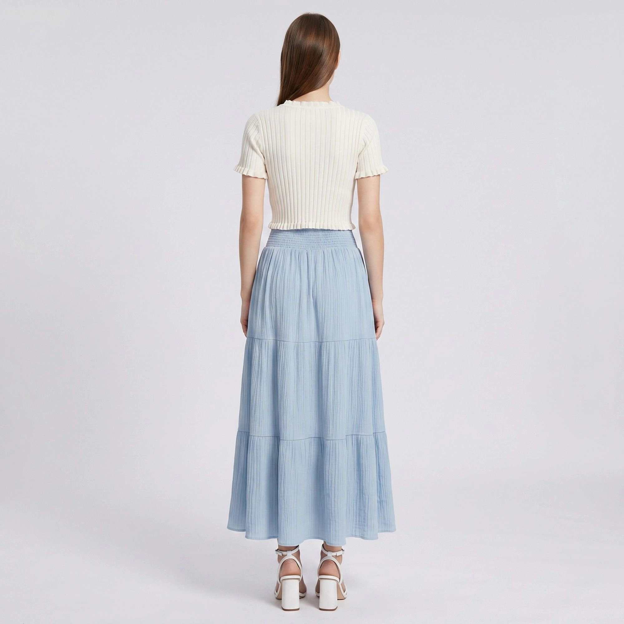 Anna-Kaci Women's High Waist Smocked Tiered Boho Textured Maxi Skirt