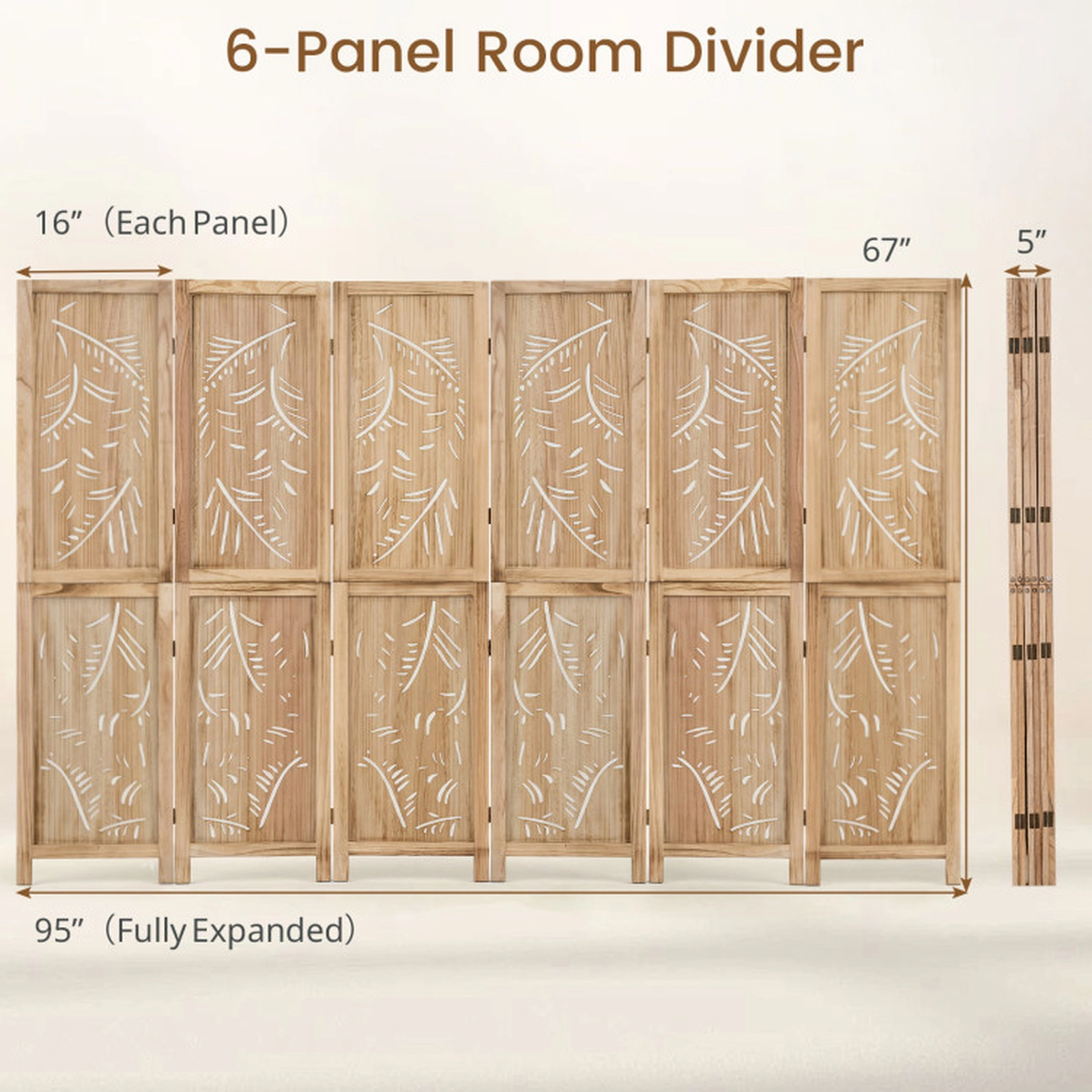 SUGIFT 6-Panel Carved Palm Leaf Wood Room Divider with Paulownia Frame and Raised Legs 95-in W 67-in H Natural