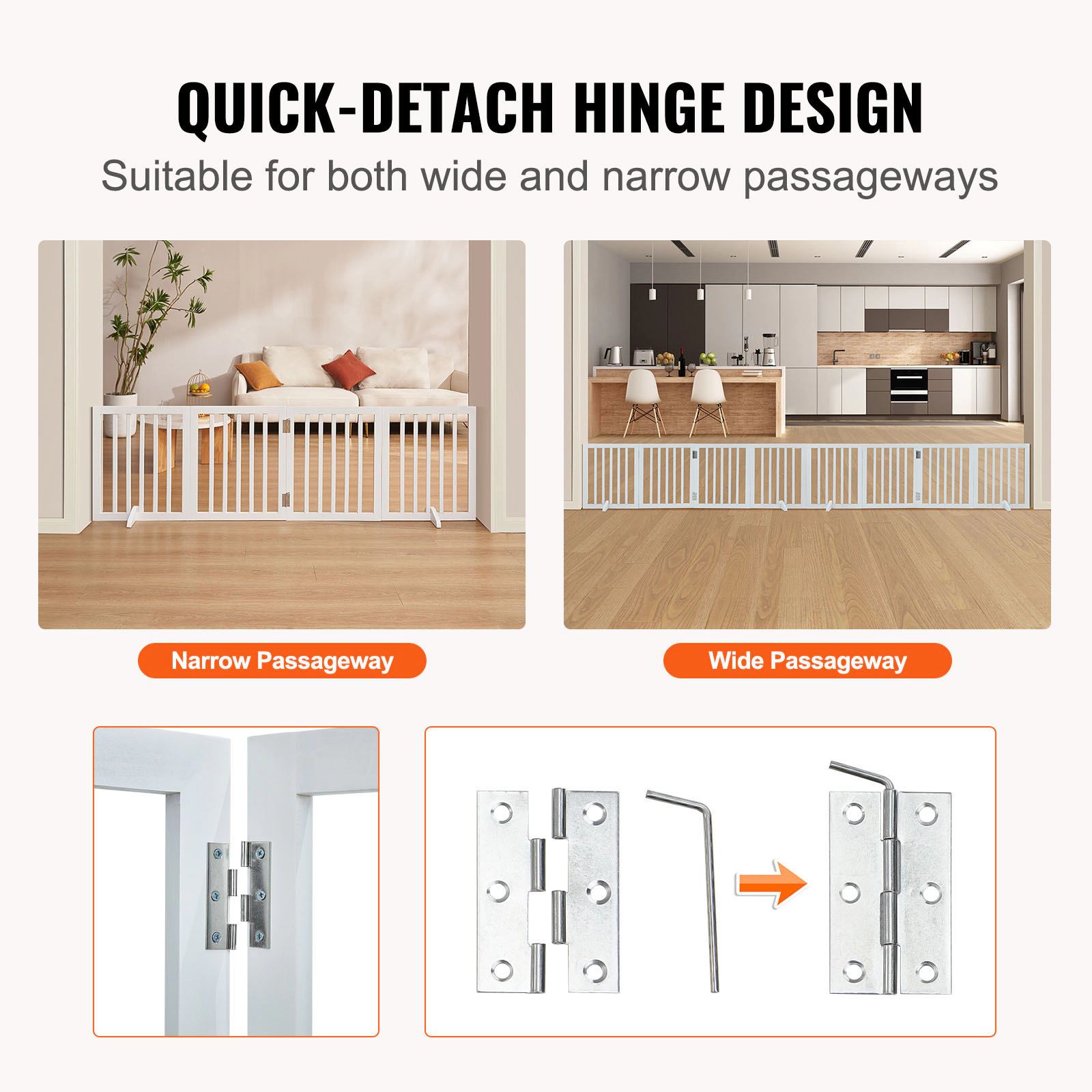 HONGGE 24-Inch Tall Freestanding Folding Dog Gate, Extends to 80.3 Inch Wide, 4-Panel Solid Wood Pet Gate, White