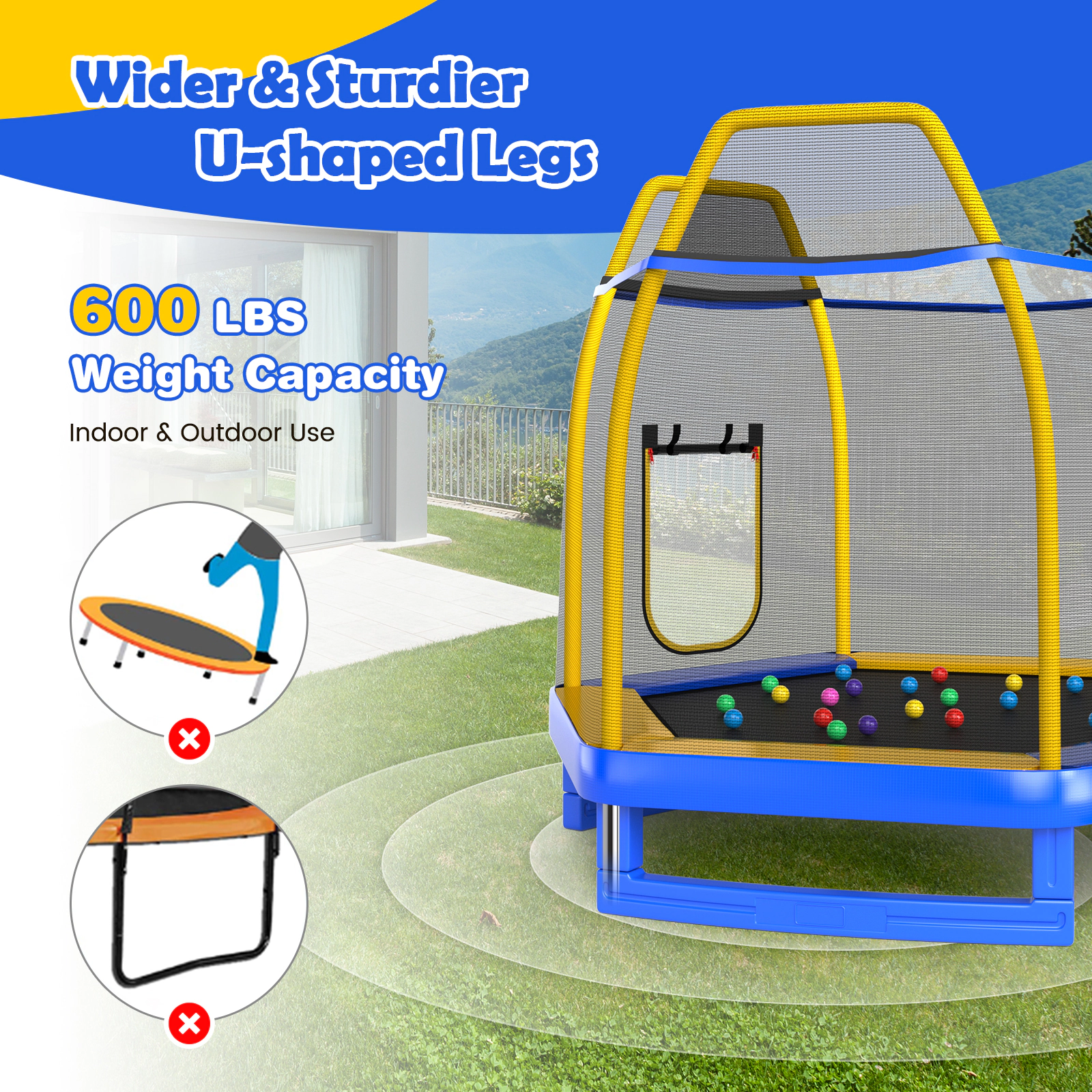 SUGIFT Blue and Yellow 7.3-ft Kids Trampoline with Enclosure Net Ladder and Slide 600-lb Frame Load