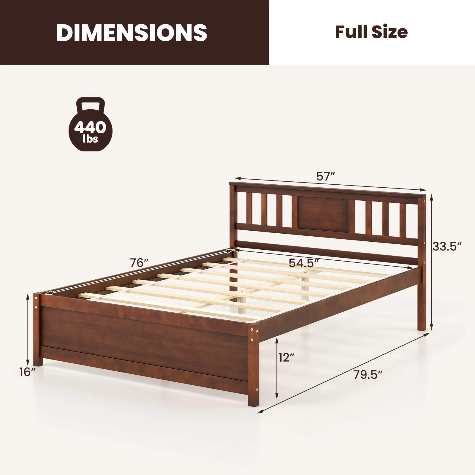 SUGIFT Wood Slat Support Platform Bed Frame with Headboard 440-lb Capacity Full Size Walnut