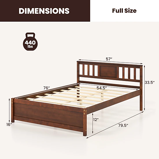 SUGIFT Wood Slat Support Platform Bed Frame with Headboard 440-lb Capacity Full Size Walnut