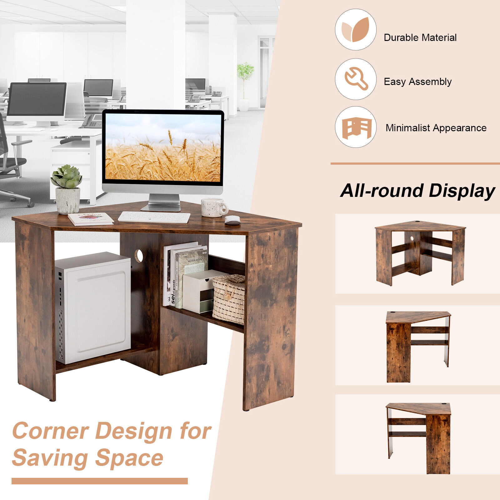 SUGIFT Corner Computer Desk Rustic Brown Triangle Workstation with 1 in Thick Board