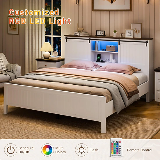 BebreezChic Platform Bed Frame with Charging Station, LED Light, Storage Bookcase & Barn Doors