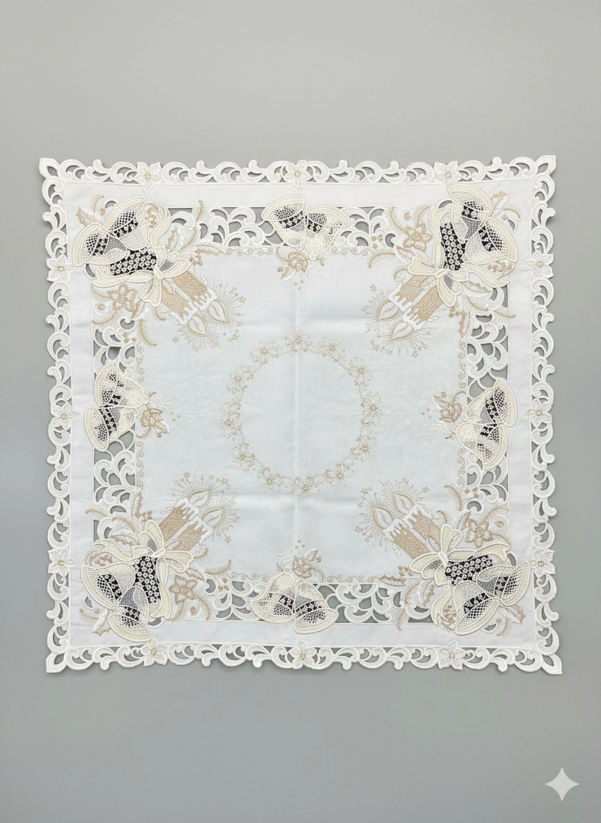 Jiallo Christmas Candle Beige Lace Embroidered Cutwork Square tablecloth, 36 inch Square