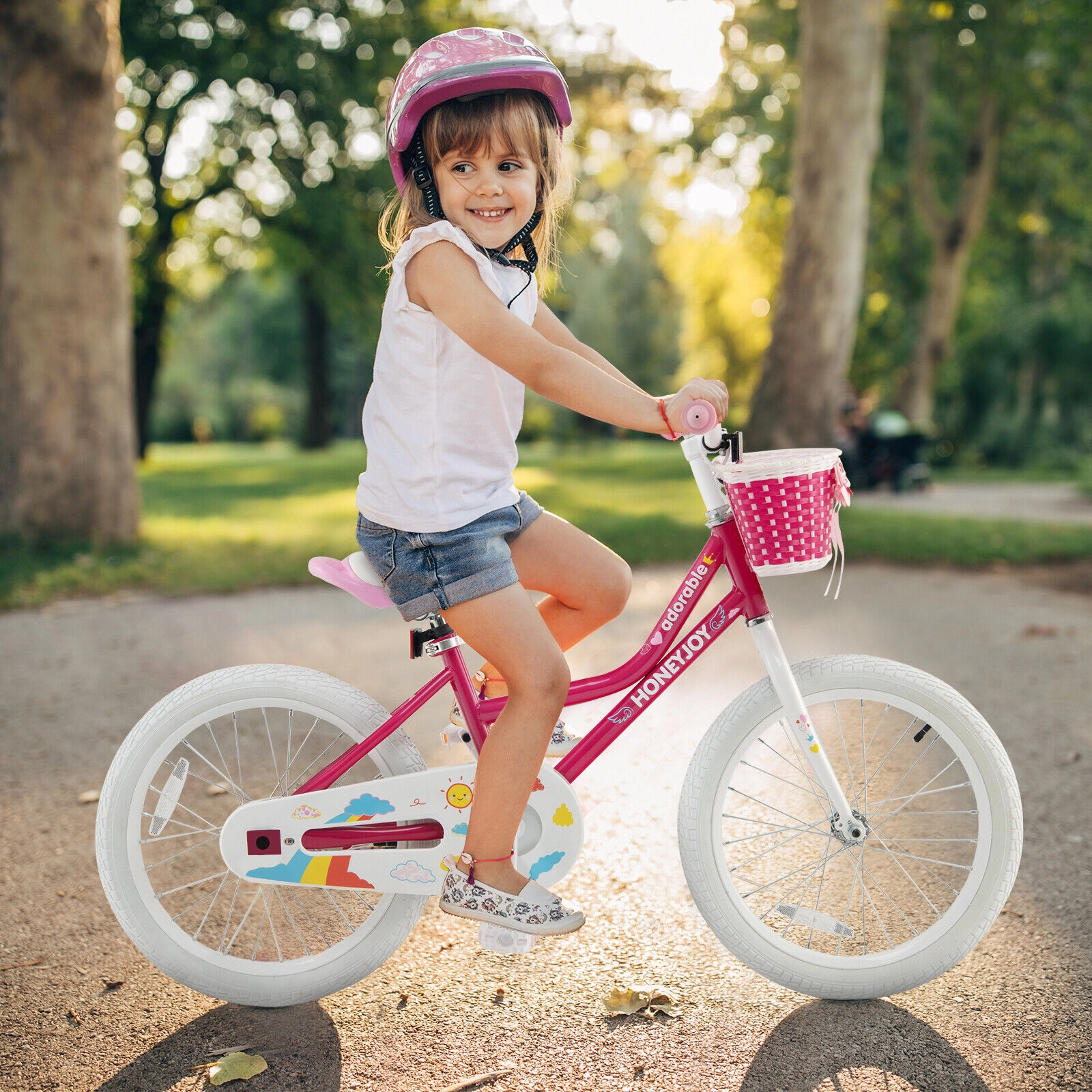 SUGIFT Adjustable 18-in Kids Bicycle Training Wheels 110-lb Capacity Ages 6-8 Pink with Basket & Enclosed Chain Guard