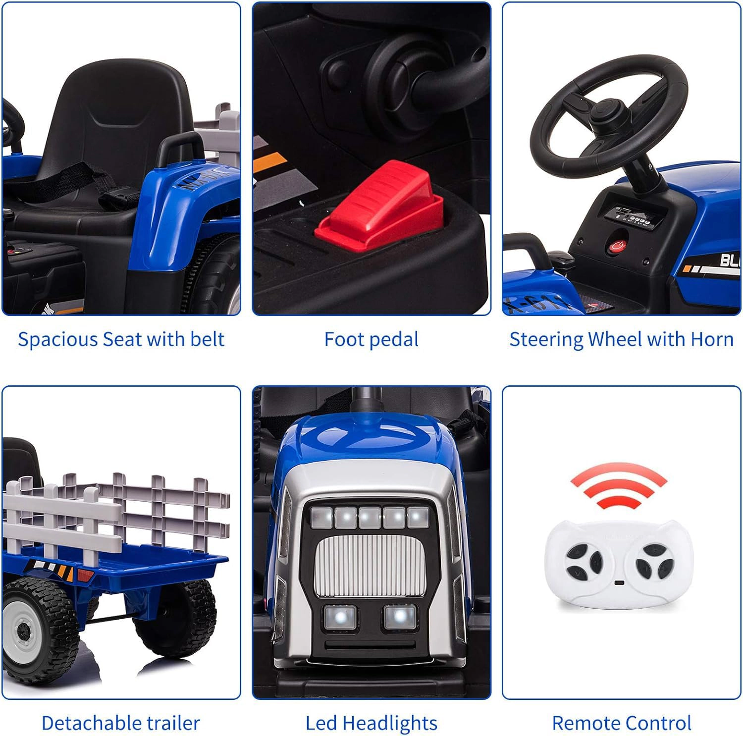 12V Kids Electric Tractor with Trailer, Ride On Car w/Remote, 7-LED Lights, 3-Speed Shift, MP3/USB, EVA Tires,35W