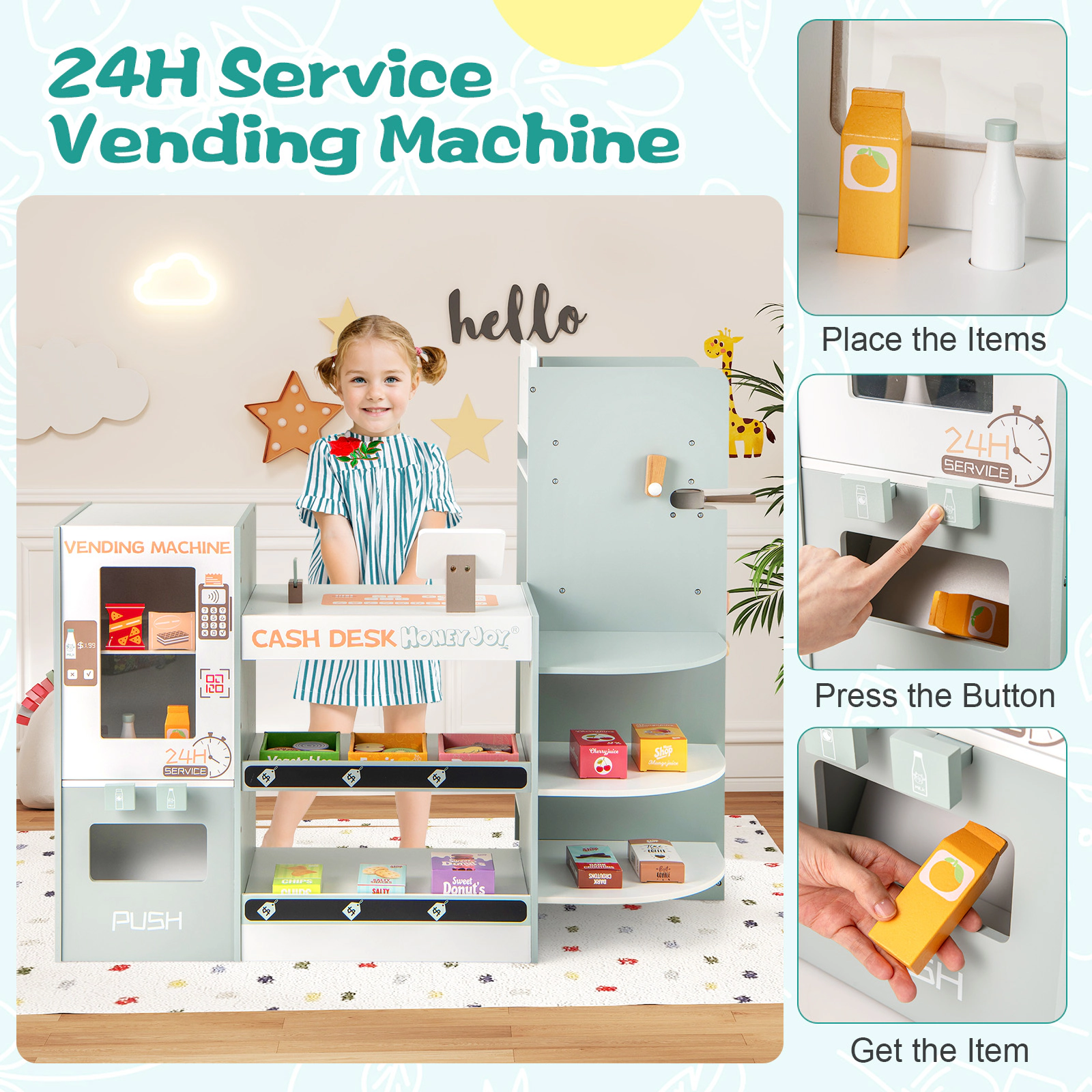 LJG Wooden Kids Grocery Store Playset Pretend Play Supermarket