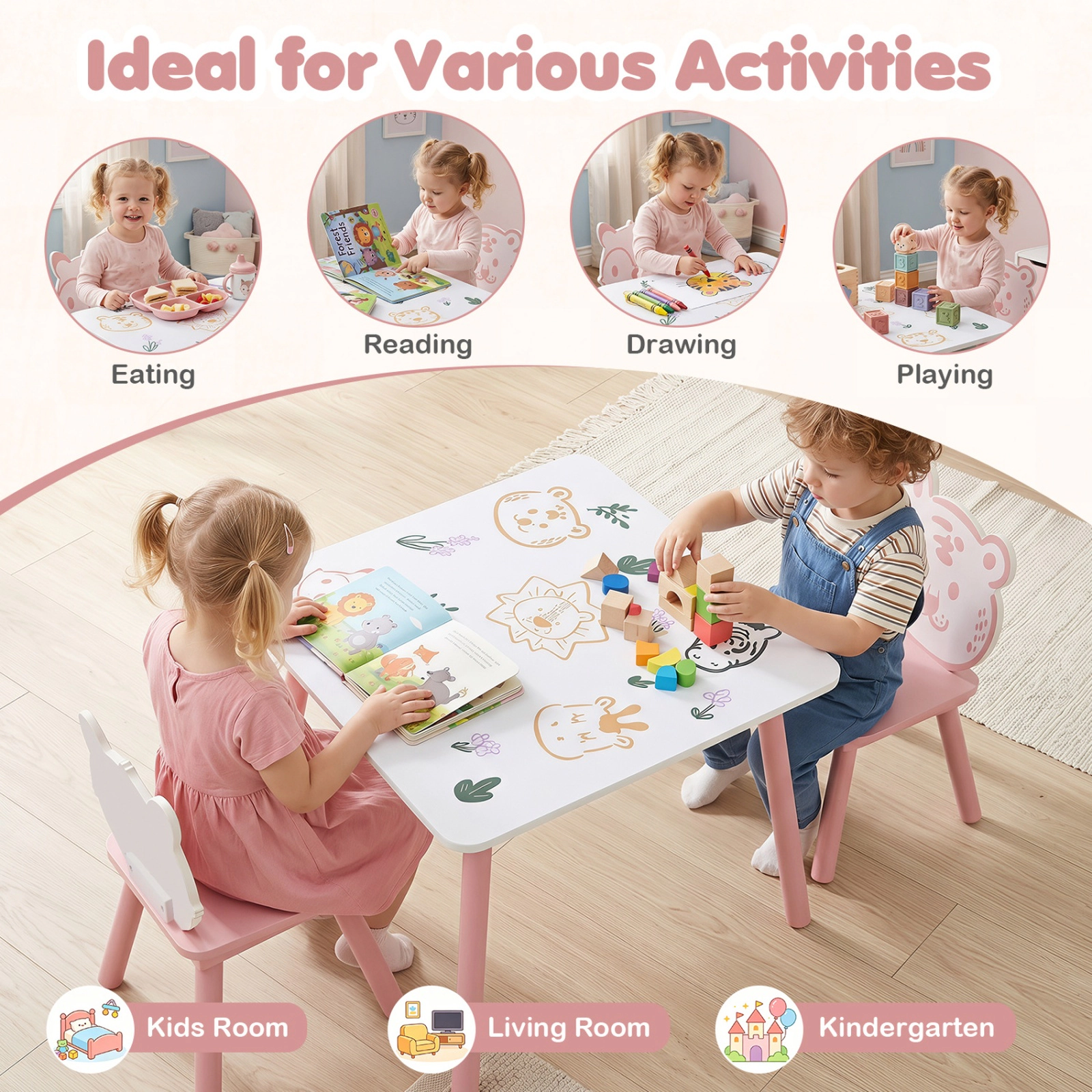 SUGIFT 3-Piece Kids Table and Chairs Set with Animal Patterns 44-lb Table 66-lb Chairs Ages 3-6 White Green Yellow