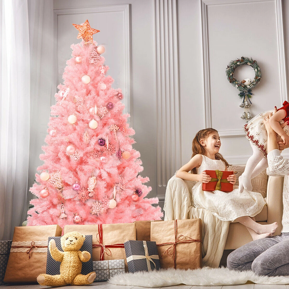 SUGIFT Full-Bodied 6-ft Hinged Spruce Artificial Christmas Tree with 1036 Tips and Foldable Metal Stand Pink
