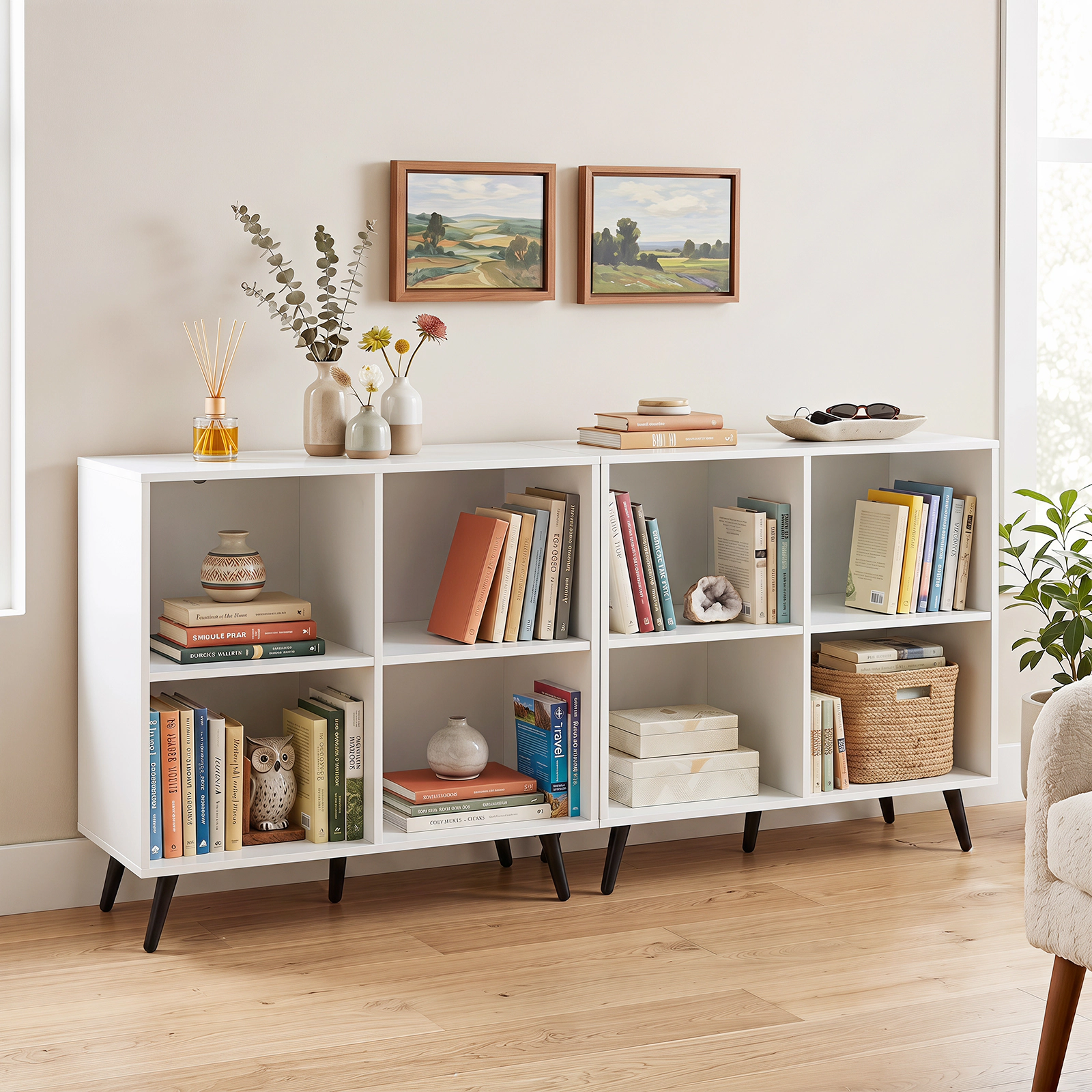 Costway 4-Cube Wooden Bookshelf Bookcase with 5 Metal Legs, Anti-Toppling Devices for Home Natural