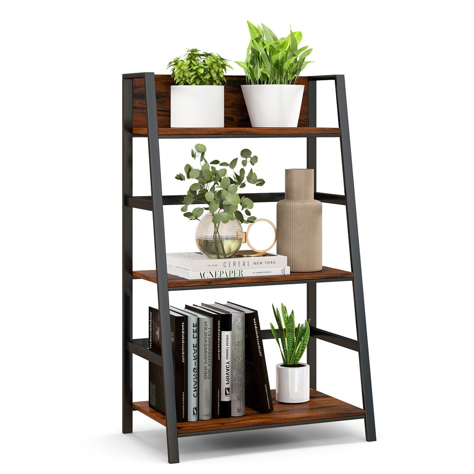 SlickBlue 3-Tier Ladder Shelf, Industrial Storage Bookshelf