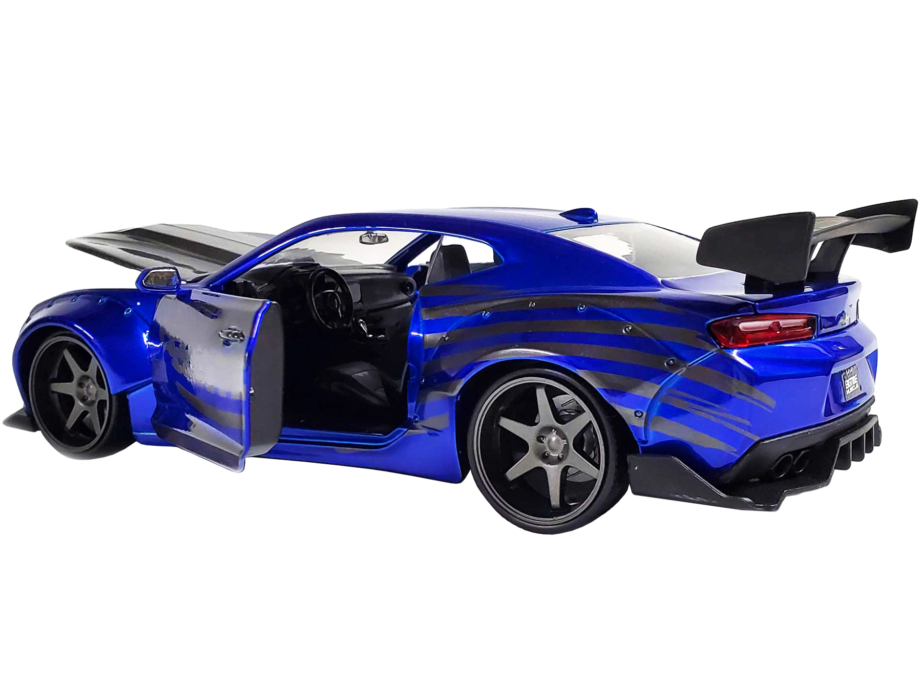 Jada 2016 Chevrolet Camaro Widebody Candy Blue with Gray Metallic Hood and American Flag Graphics "Bigtime