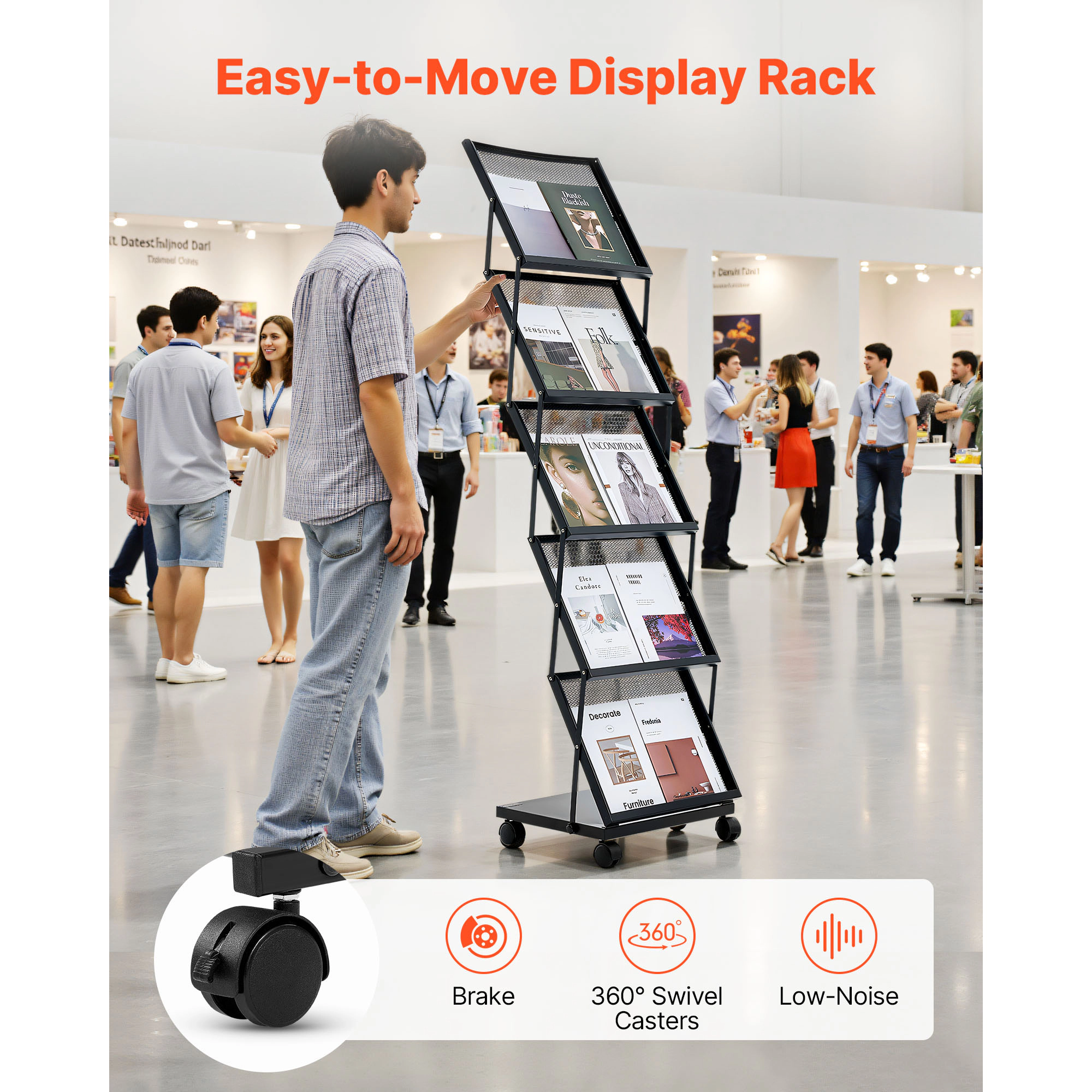 HONGGE Brochure Display Rack, Magazine Literature Stand, Movable Floor Standing Rack with Wheels