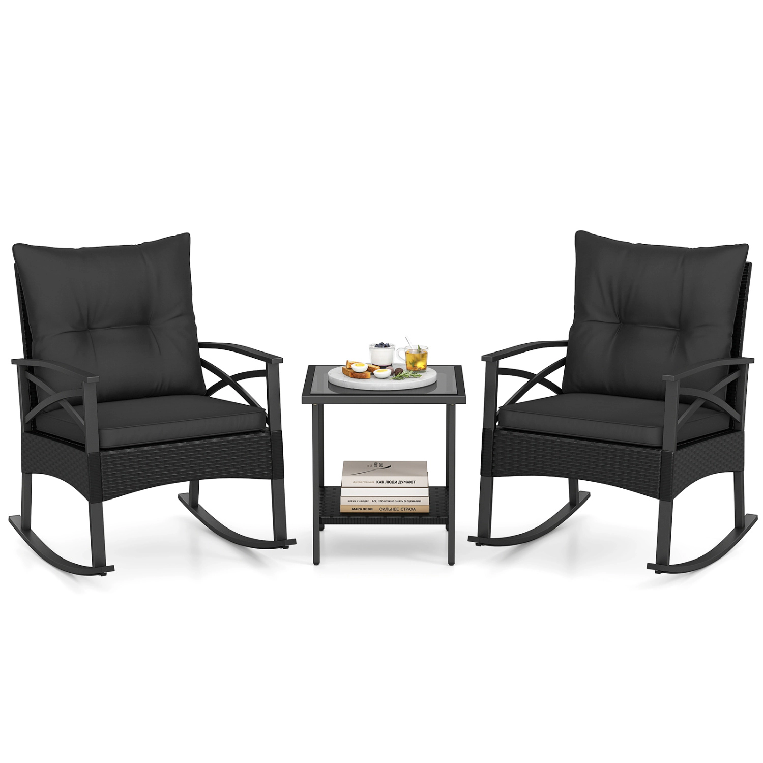 LJG 3 Pieces Outdoor Rattan Rocking Chairs Set with 2-Tier Side Table for Garden Backyard