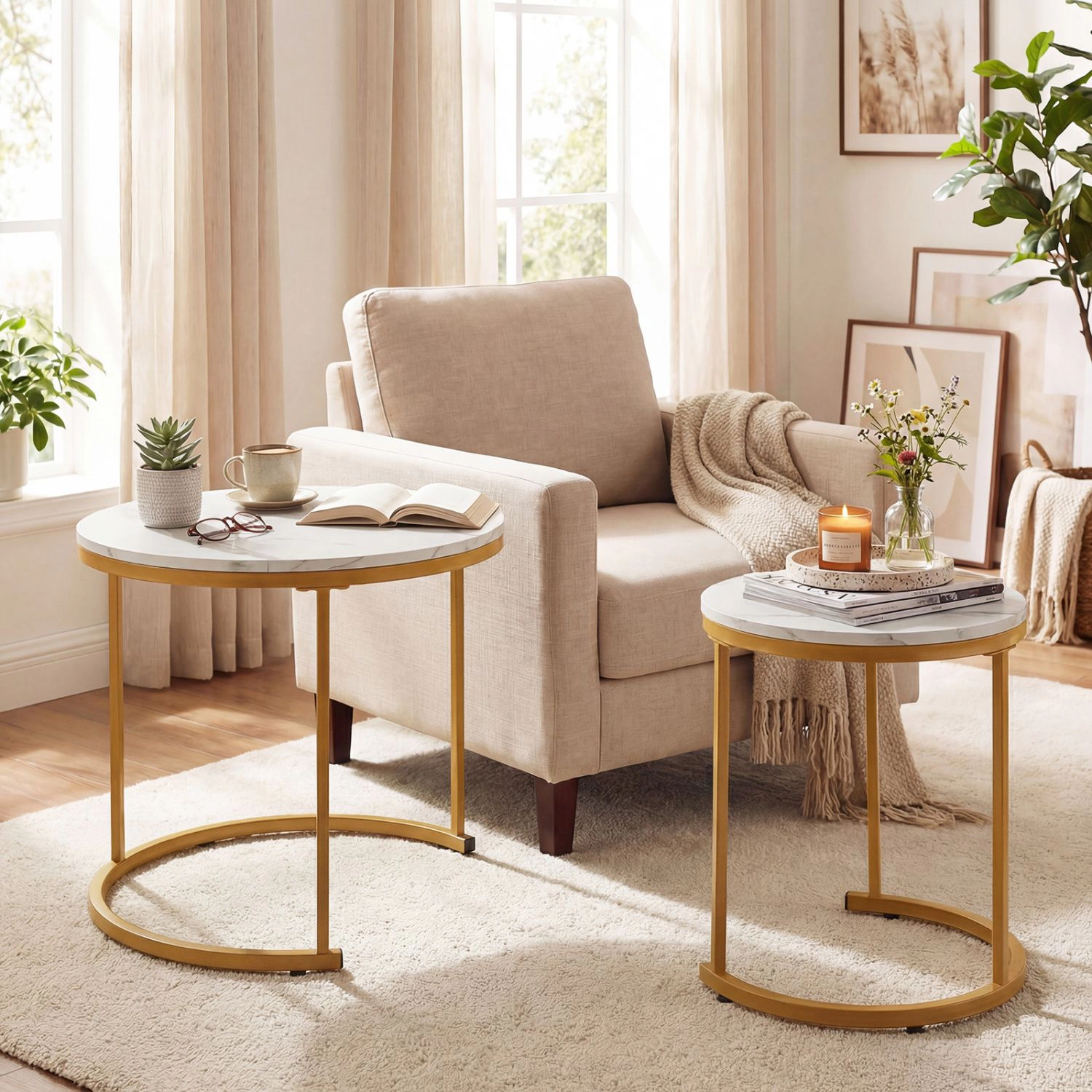 SlickBlue Set of 2 Round Nesting Coffee Tables with Metal Frame