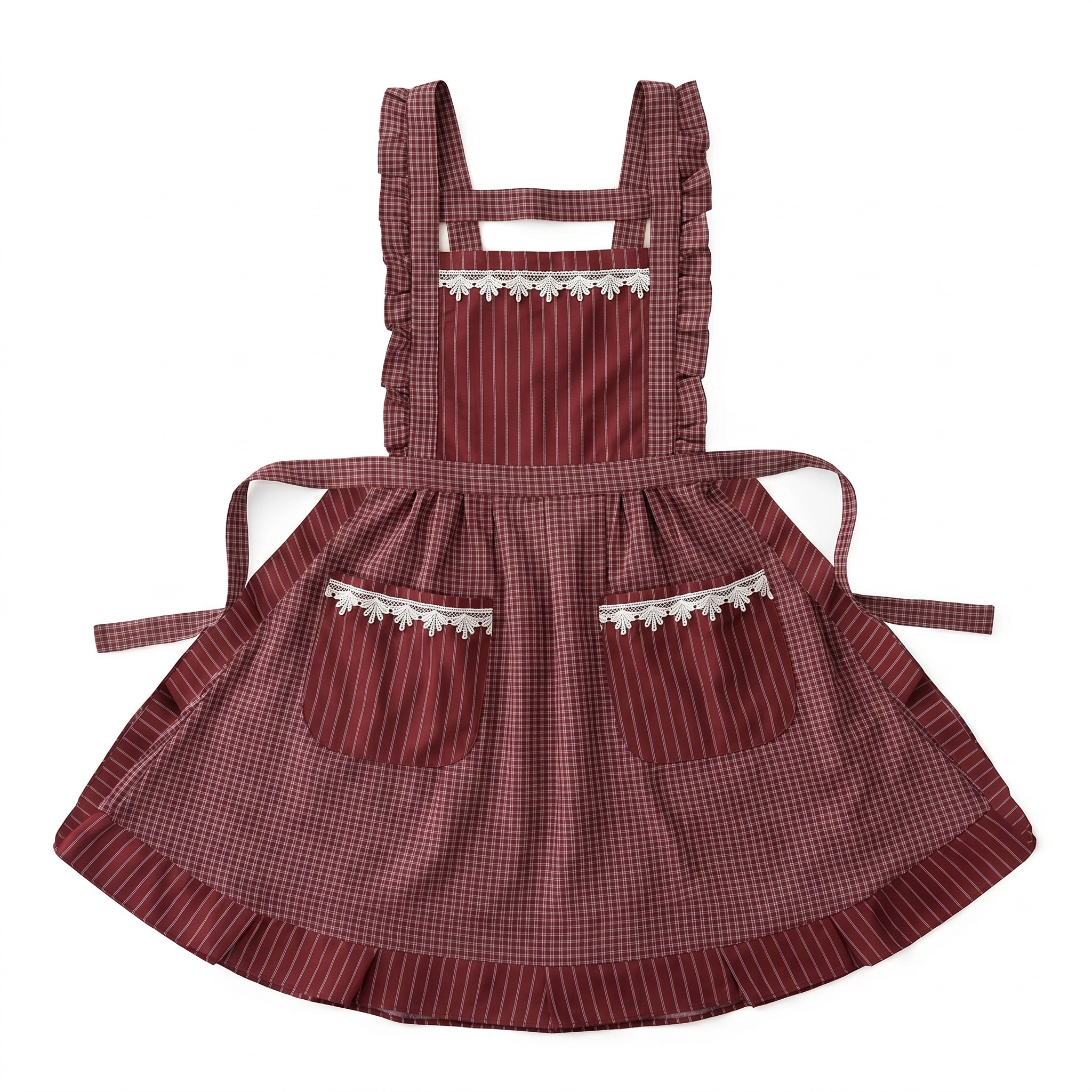 Alilang Women Lace Trim Check and Stripe Kitchen Apron with Ruffle Strap Bib Dual Front Pockets Adjustable Waist Tie