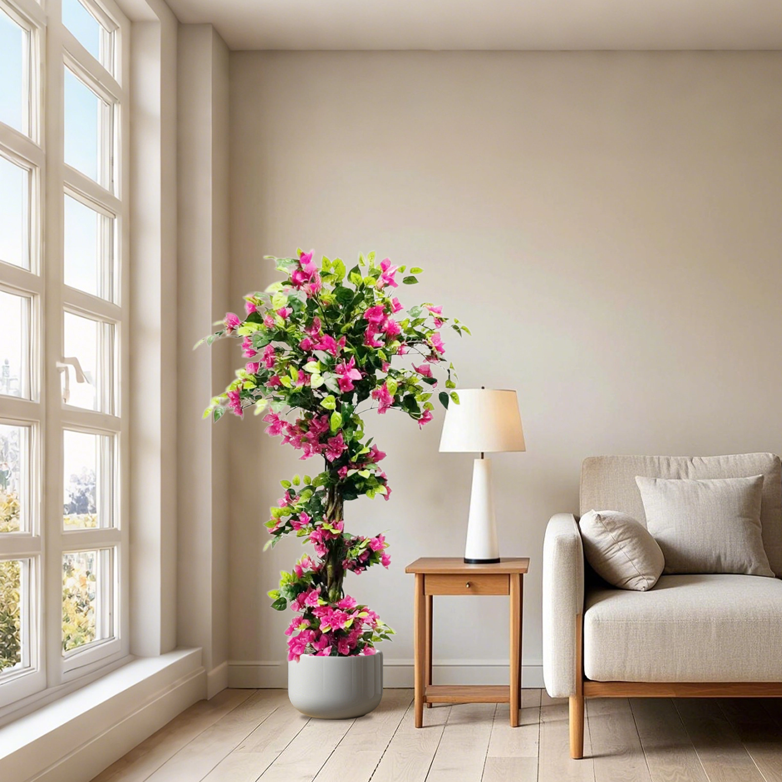 65in Artificial Bougainvillea Tree with Flowers, Realistic Faux Blooming Tree in Pot, Silk Flower Fake Plant