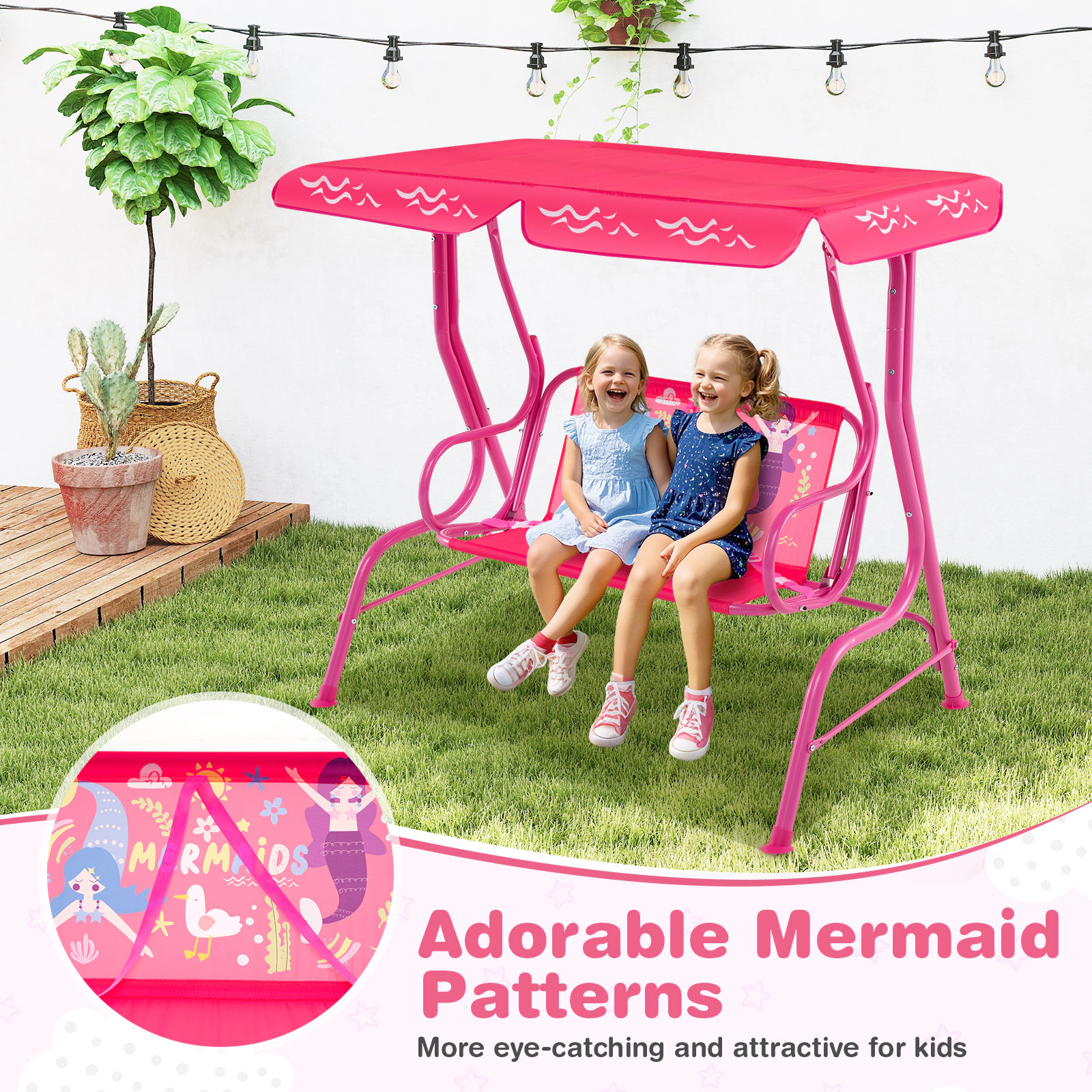 SUGIFT 2-Seat Kids Outdoor Swing with Metal Stand, Adjustable Canopy, Safety Belts, 180-lb Capacity, Pink