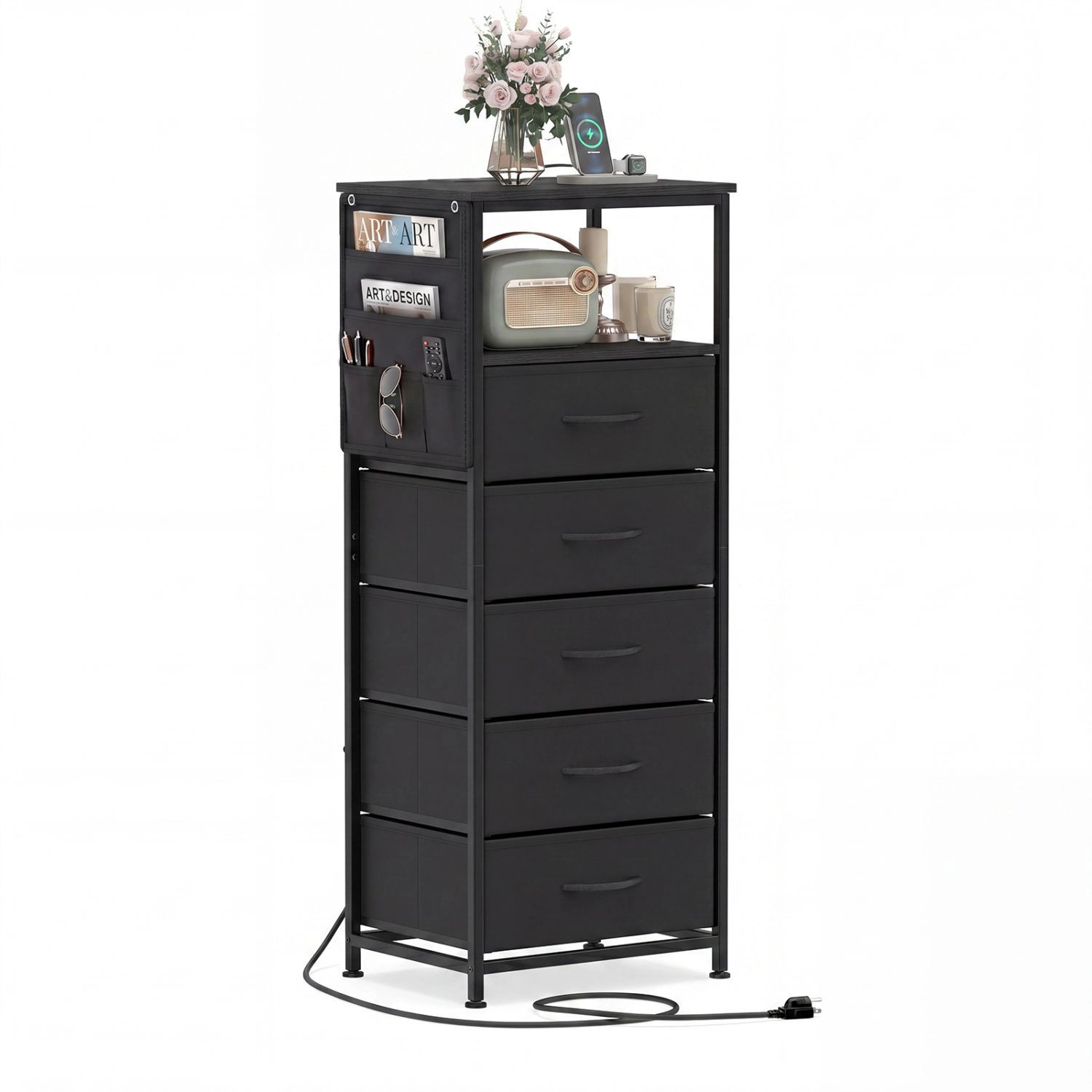 SlickBlue Storage Cabinet with 5 Drawers, Charging Station & Pocket