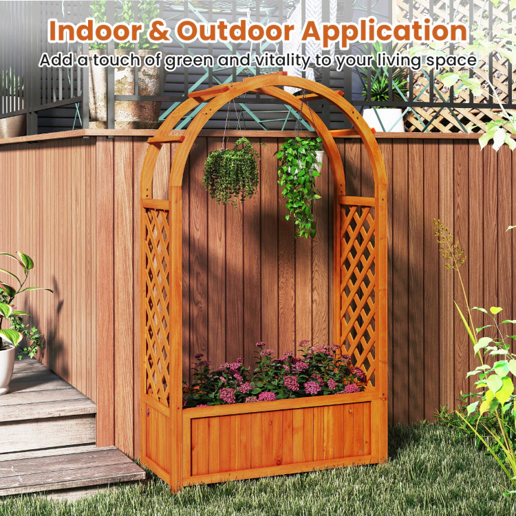 Hivvago Raised Garden Bed with Lattice Trellis Ached Roof Wooden Elevated Planter Box-Brown