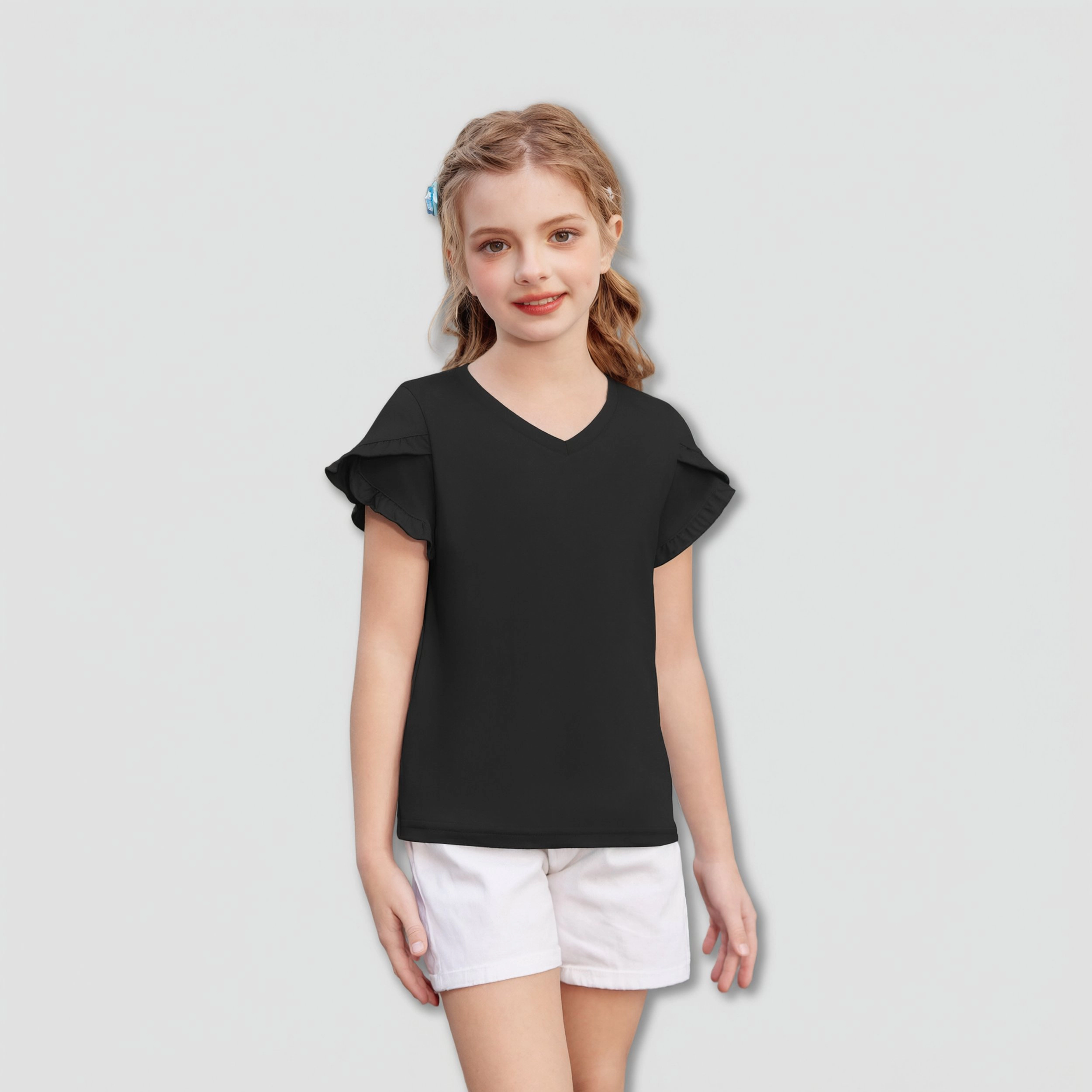 Arshiner Girl's Ruffle Sleeve V-Neck Short T-Shirt