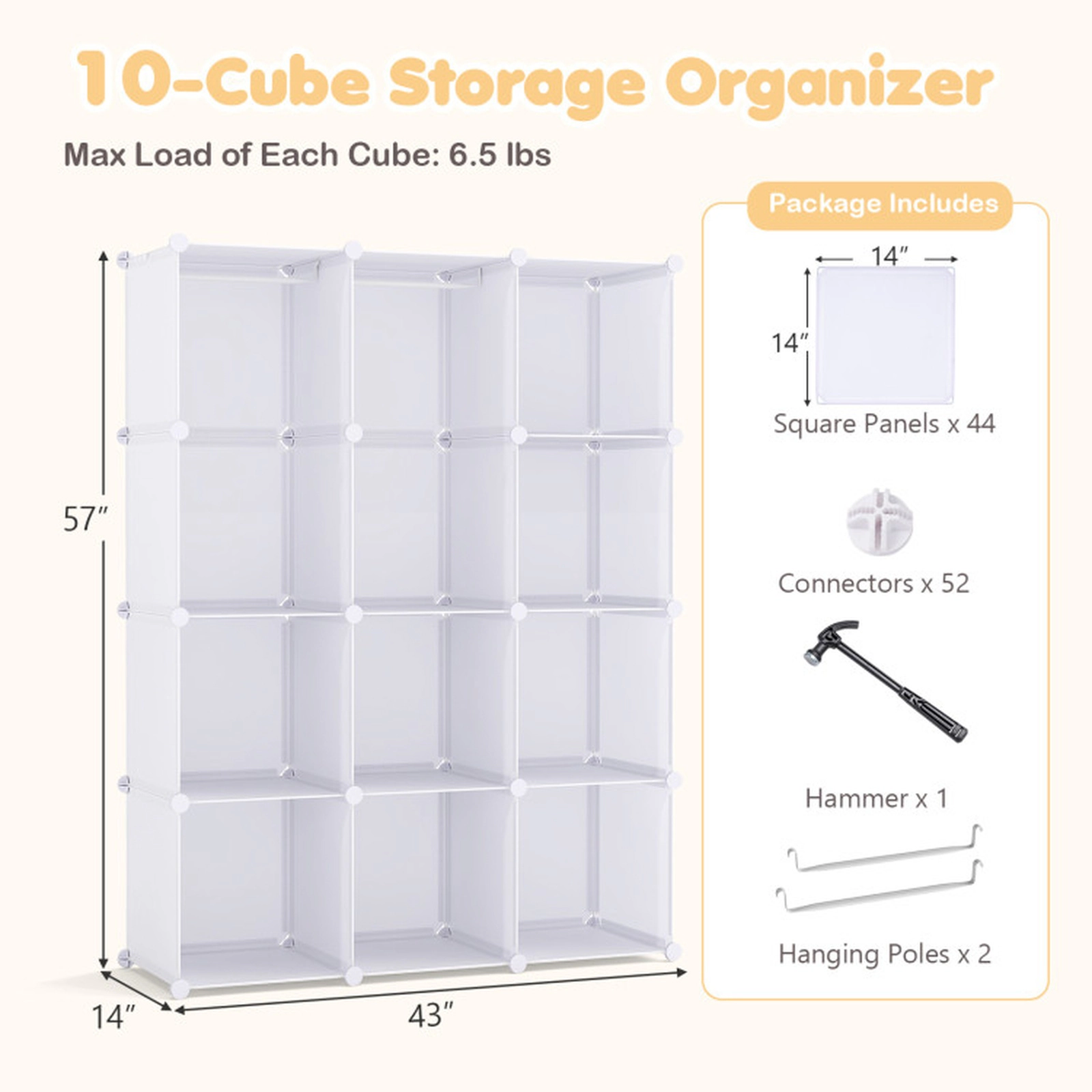 SUGIFT Modular Baby Wardrobe Toy Organizer with 10 Cubes Hanging Rod and Shelves 6.5-lb Cube Capacity Stackable White