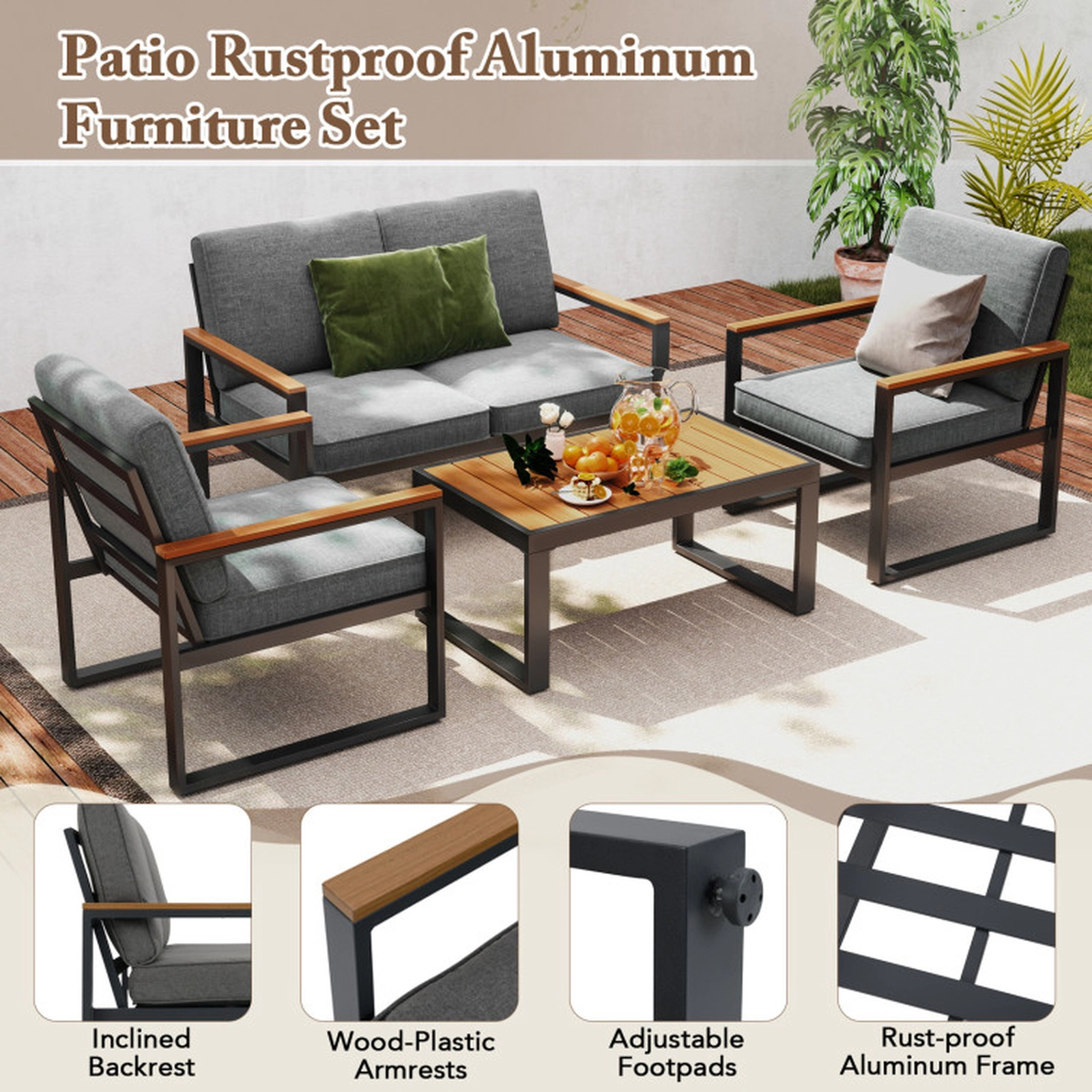 SUGIFT Set of 2 Aluminum Wood-Plastic Armrests Patio Armchairs 28.5-in x 27-in x 29.5-in 400-lb Capacity Gray