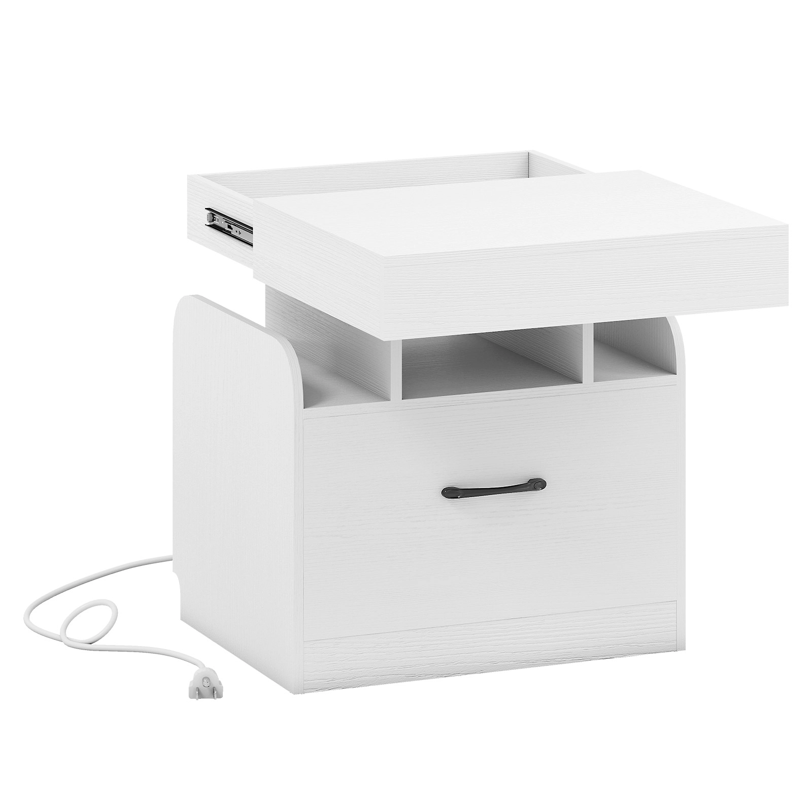 SUGIFT Nightstand with Charging Station Sliding Top Storage 66-lb Tabletop Capacity 3-Compartment Bedside Table White