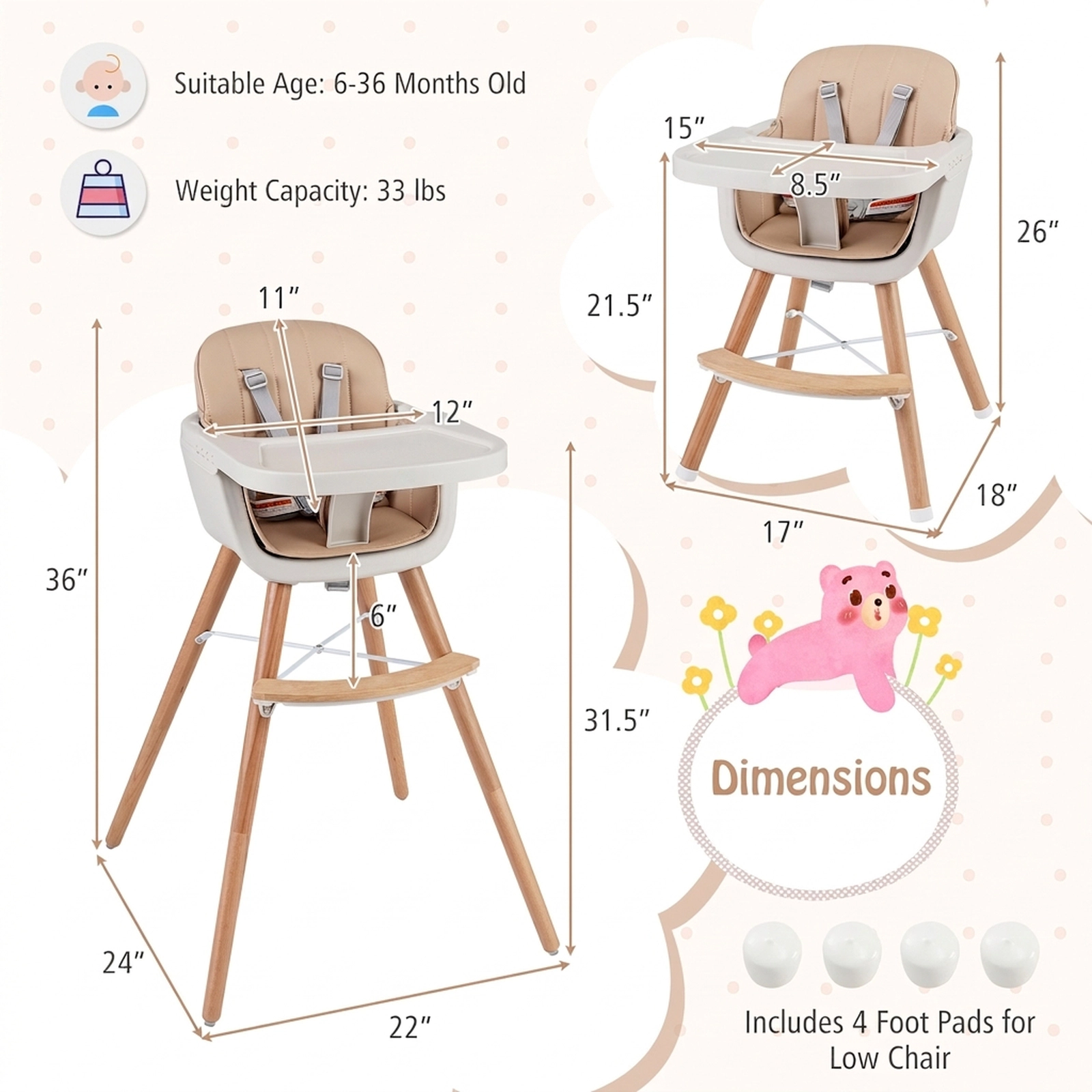 6-in-1 Convertible Wooden Highchair for Toddlers Adjustable Legs 3-Position Tray PU Leather Cushion Light Brown