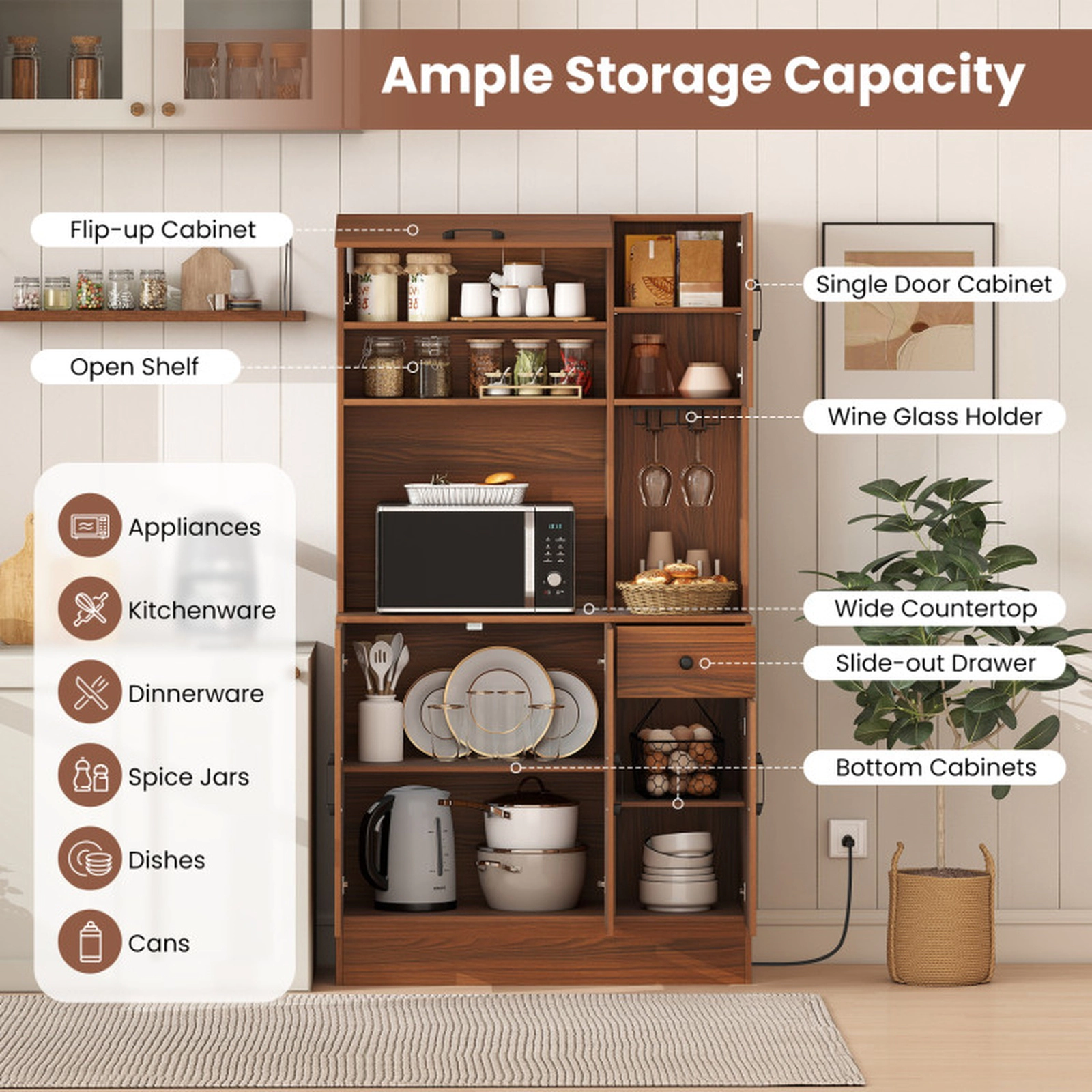 SUGIFT 66-in Pantry Cabinet with Charging Station and Microwave Stand 100-lb Tabletop Capacity Brown