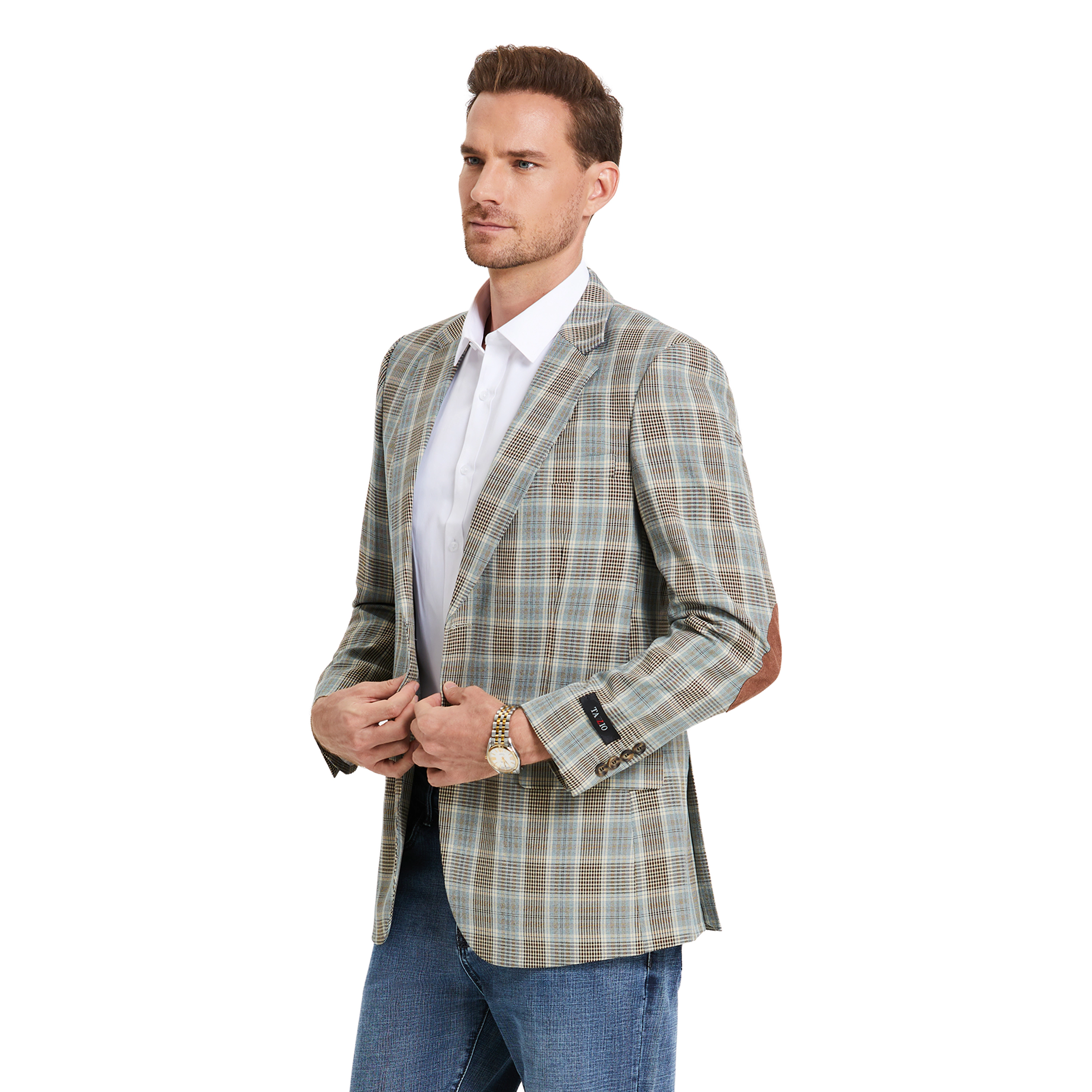 Tazzio Mens Slim Fit Glen Plaid Elbow Patch Sport Coat