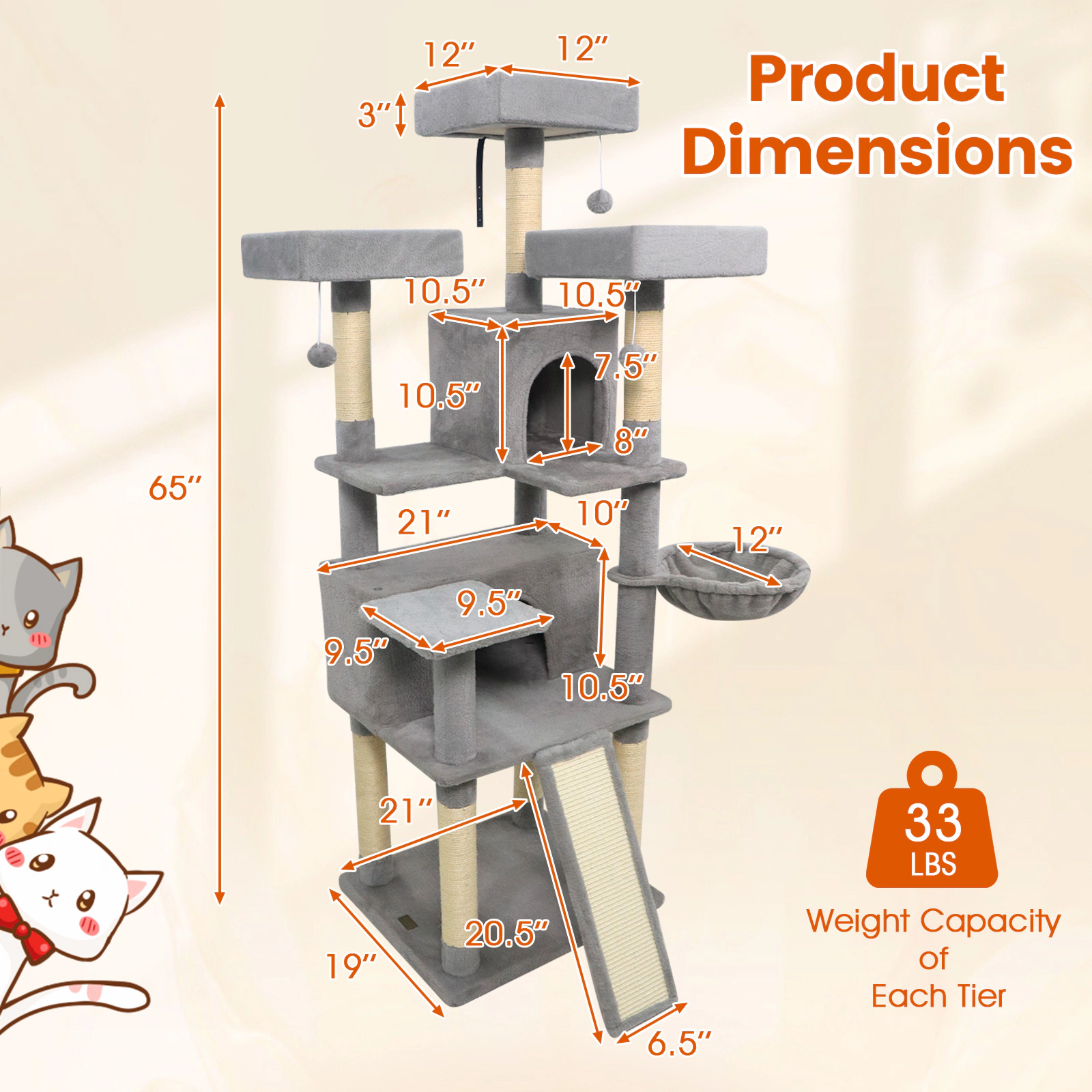SUGIFT 65-in Tall Multi-level Cat Tree with 3 Upholstered Perches and 2 Cat Condos Light Gray