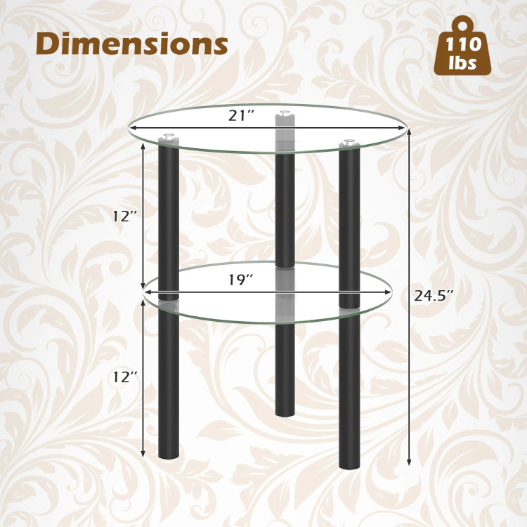 Hivvago 2-Tier Round End Table With Clear Tempered Glass Top And Shelf