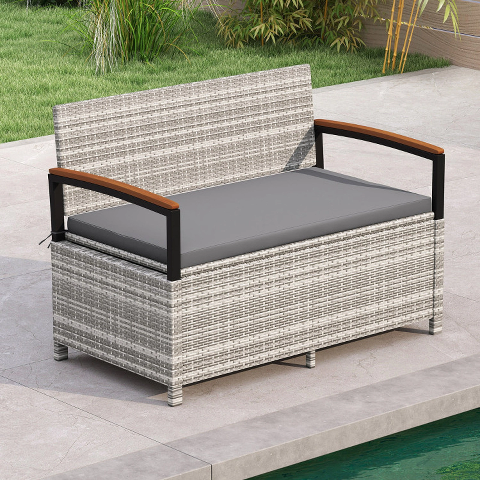 SUGIFT Gas Strut Lid 46-Gallon Acacia Armrests PE Rattan Storage Bench 47-in x 24-in x 33-in 800-lb Capacity Gray
