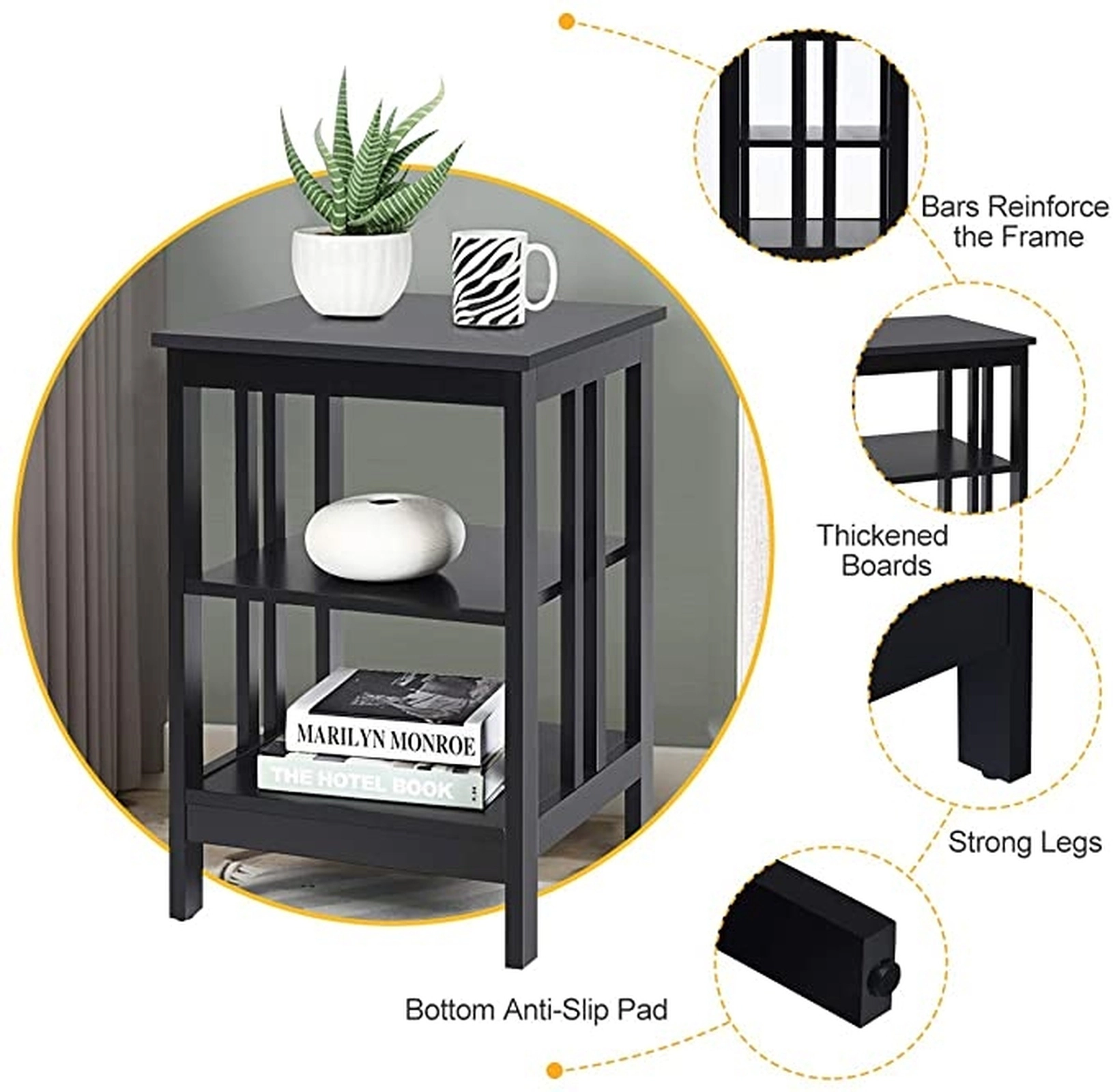 SUGIFT Set of 2 Black 3-Tier Nightstands with Charging Station, 24 in. Tall