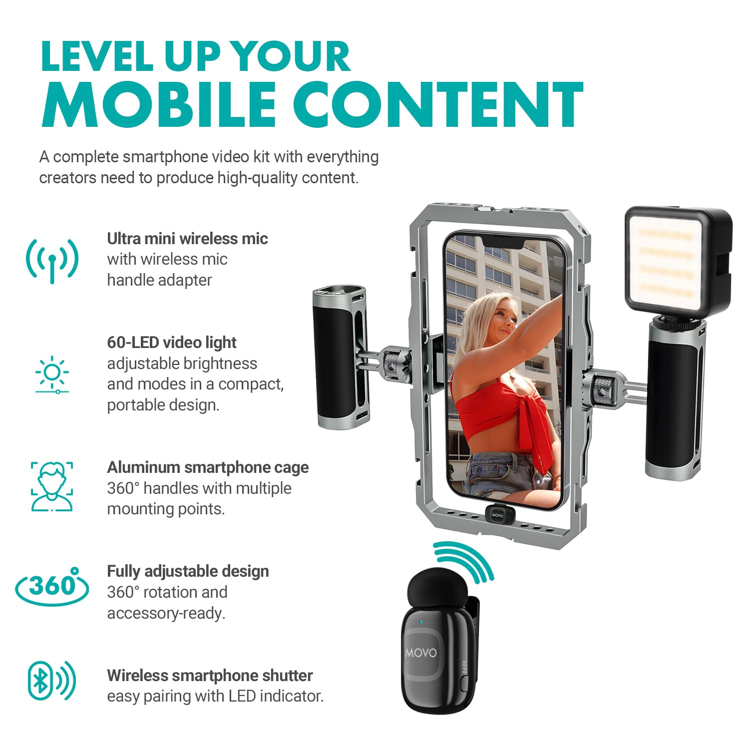 Movo iFilmer-PRO Smartphone Video Rig Kit – Stabilizer Cage with Dual Grips, Wireless Lavalier Microphones and Tripod