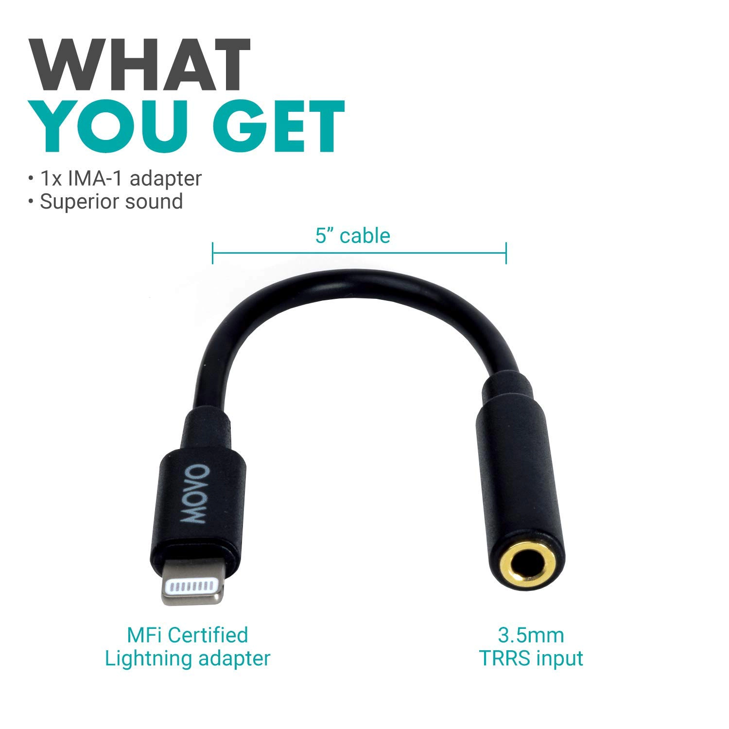 Movo IMA-1 Female 3.5mm TRRS Microphone Adapter Cable to Lightning Connector Dongle Compatible with Apple iPhone, iPad