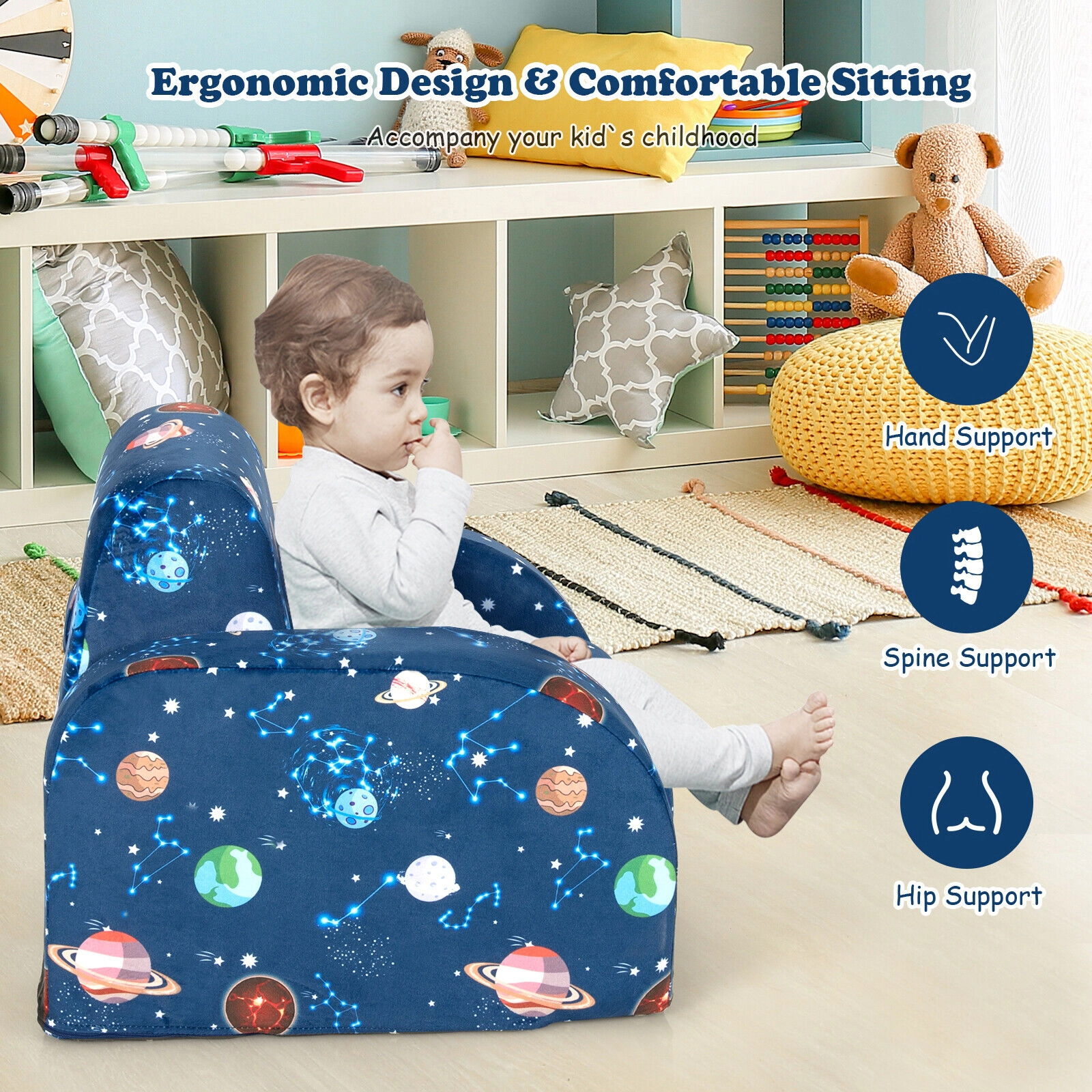 SUGIFT Blue for Toddlers 3-in-1 Convertible Kids Flip-Out Sofa Chair Lounger