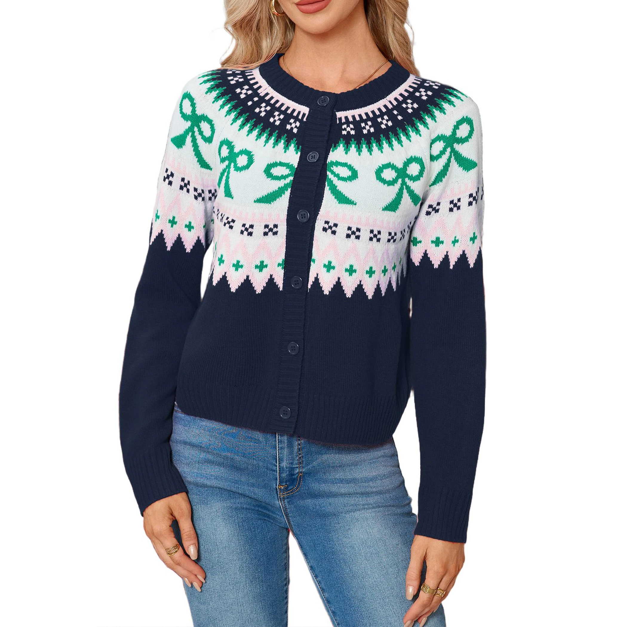 YesFashion Women's Christmas Cardigans Crew Neck Button Down Long Sleeve Party Ugly Holiday Sweaters