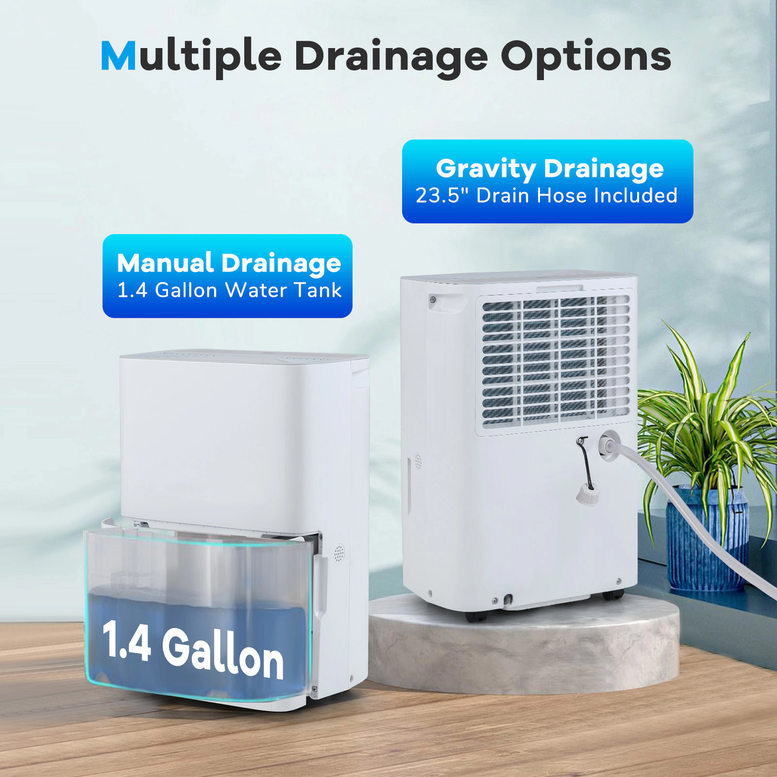 White 65 Pint Dehumidifier with Continuous Drain for Basement