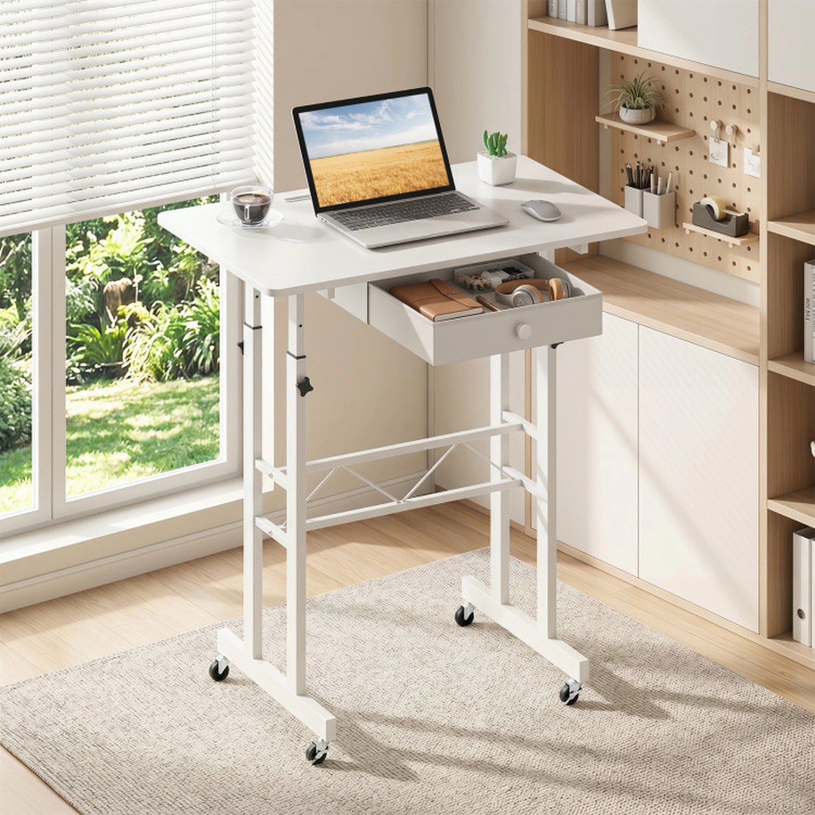 SUGIFT Height Adjustable Laptop Desk with Fabric Drawer Tablet Holder Lockable Wheels 45-lb Tabletop Capacity White